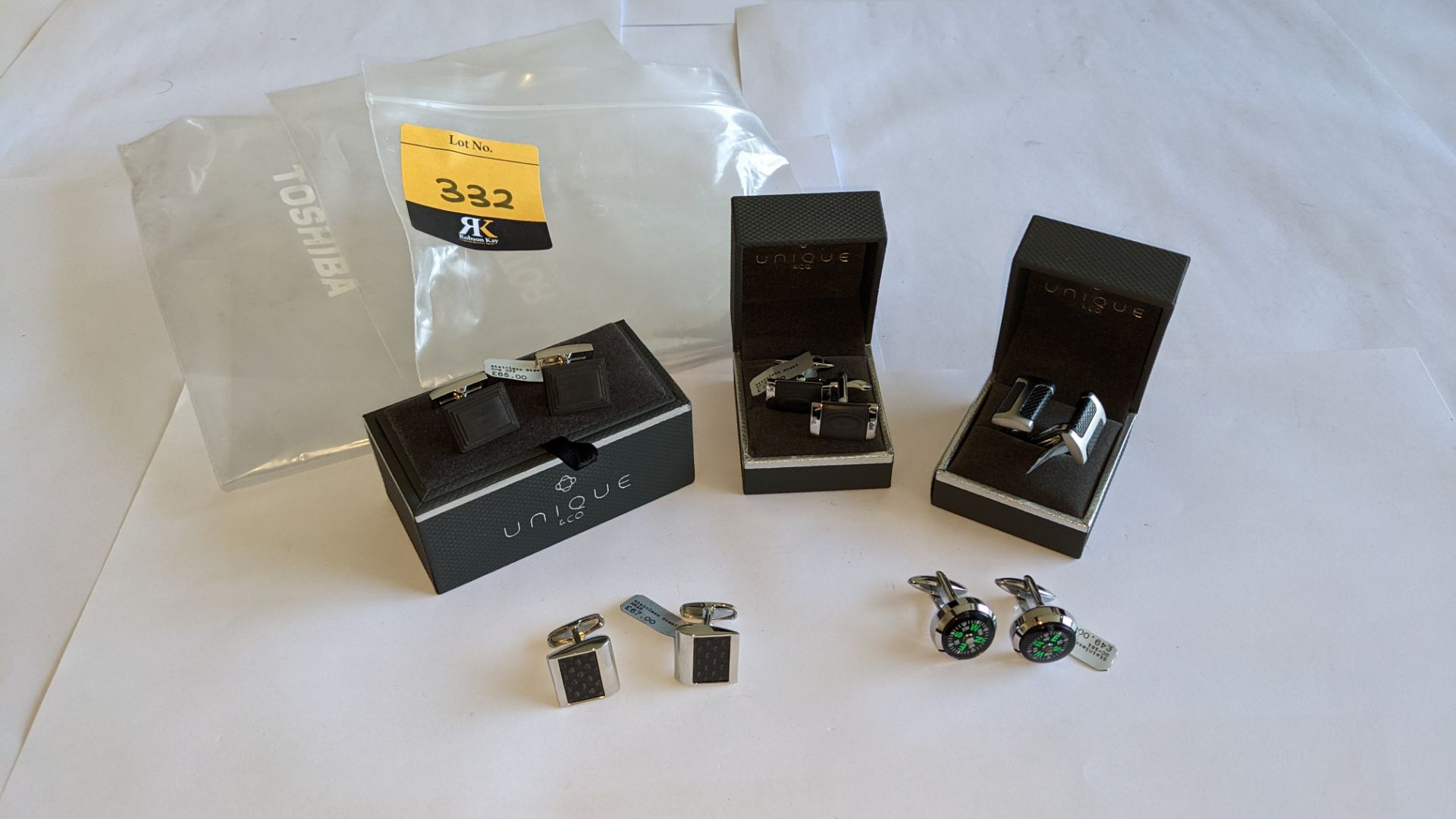 5 assorted pairs of cufflinks, some of which include boxes, typically in stainless steel, with RRP r