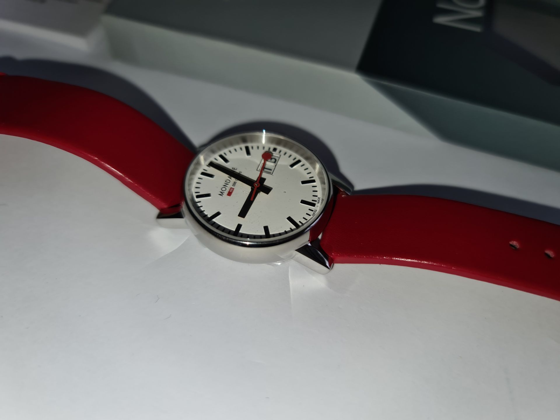 Mondaine watch on red leather strap, product code MSE.30210.LC. RRP £219. Sapphire Crystal, Stainle - Image 7 of 20