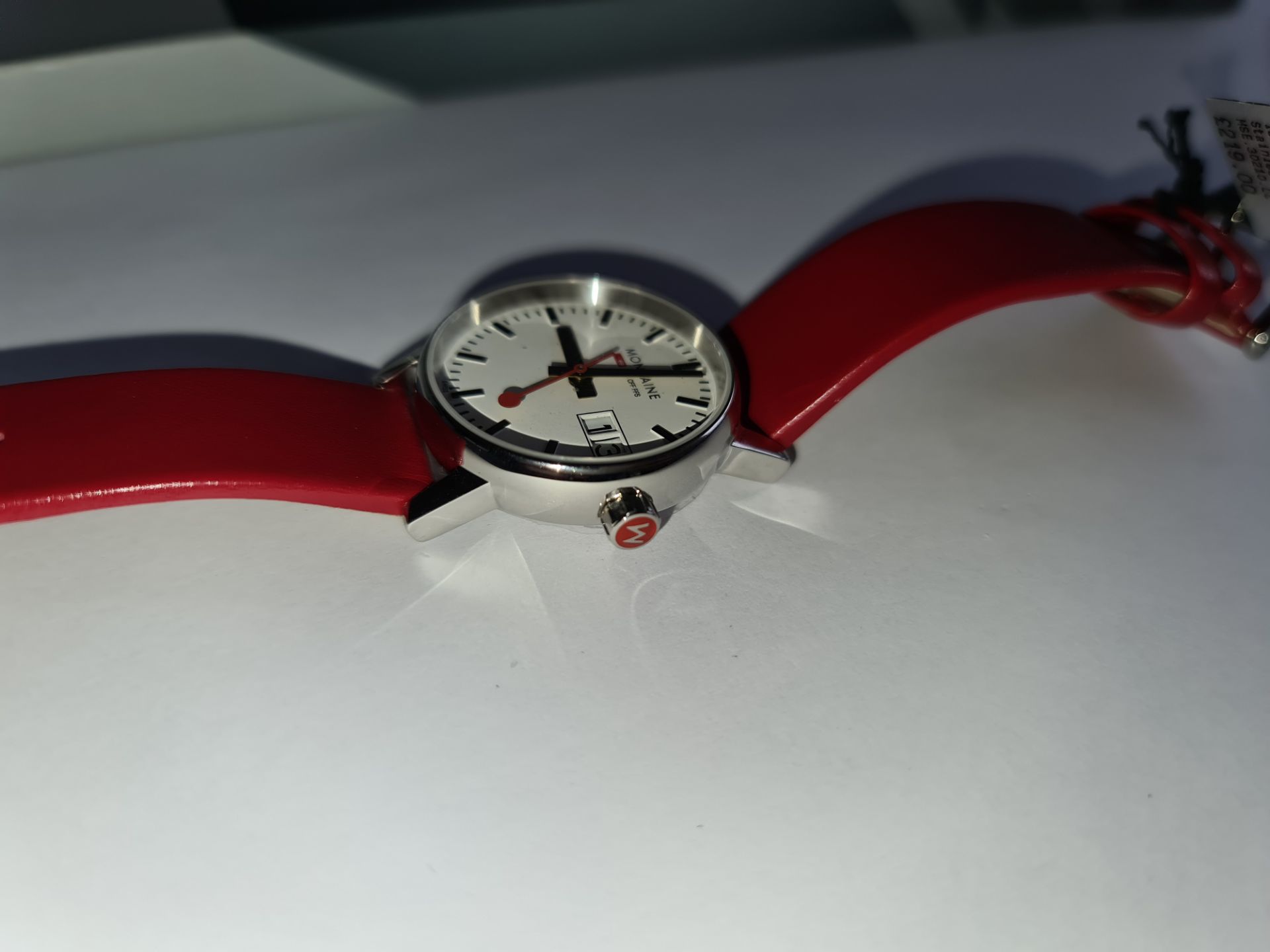 Mondaine watch on red leather strap, product code MSE.30210.LC. RRP £219. Sapphire Crystal, Stainle - Image 9 of 20