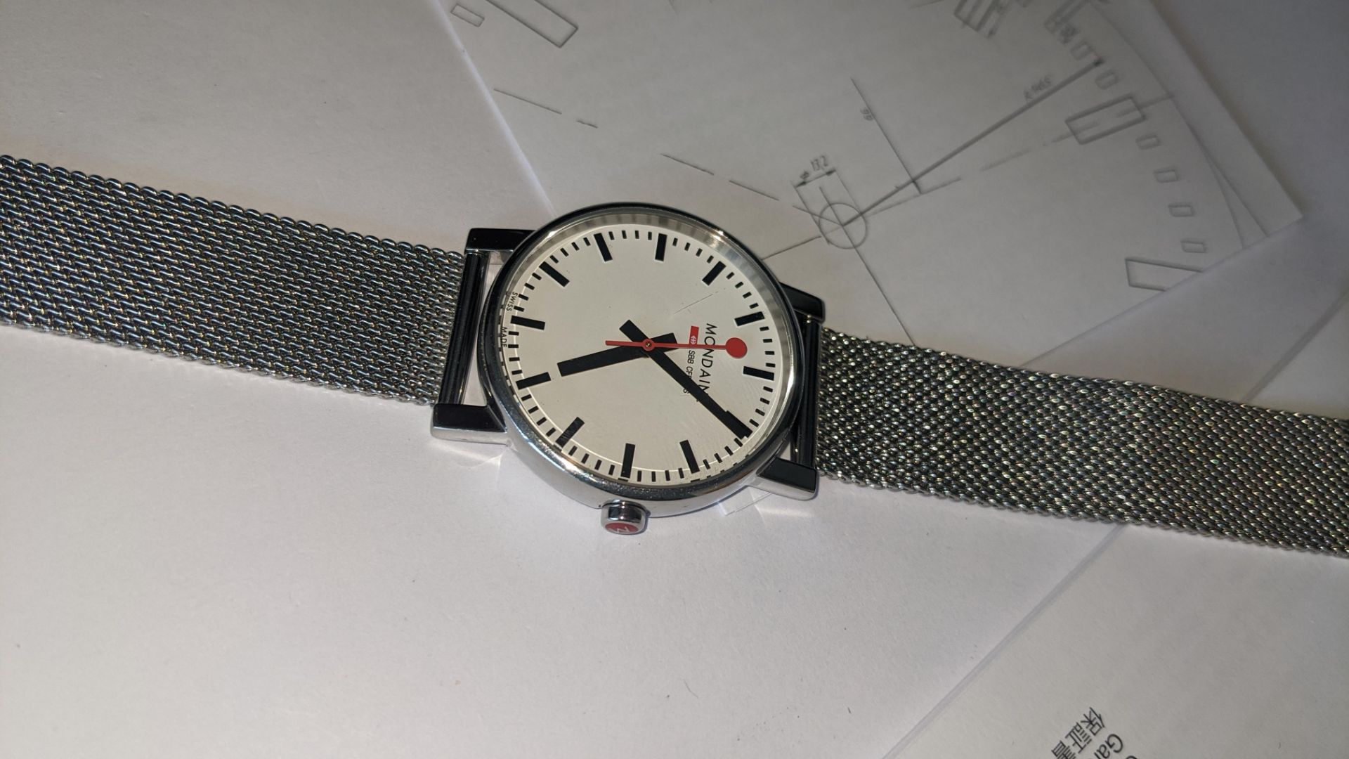 Mondaine watch on metal strap. Official Swiss Railways watch. No price tag. Stainless steel case, wa - Image 9 of 17