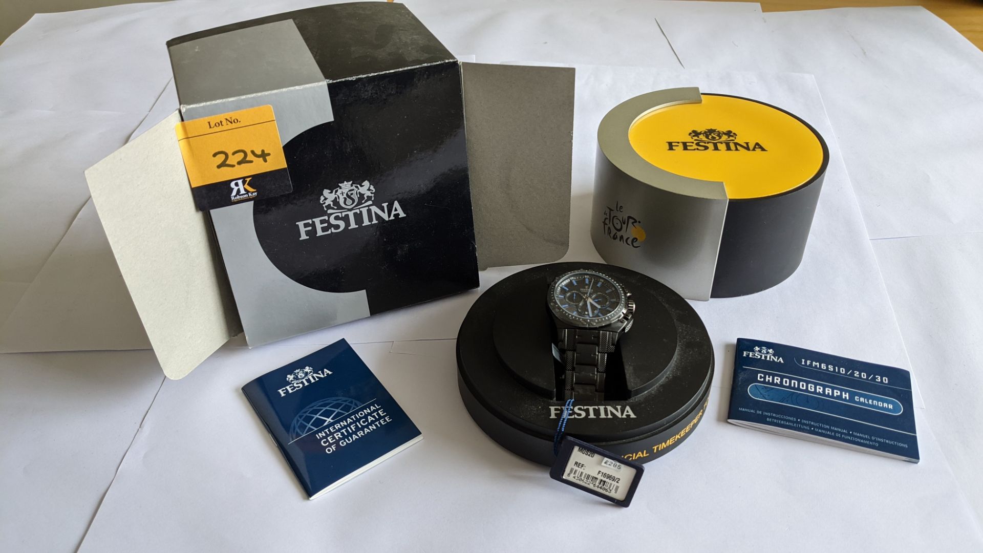Festina stainless steel watch, reference F16969/2, 10 ATM water resistant. Includes box & book pack.