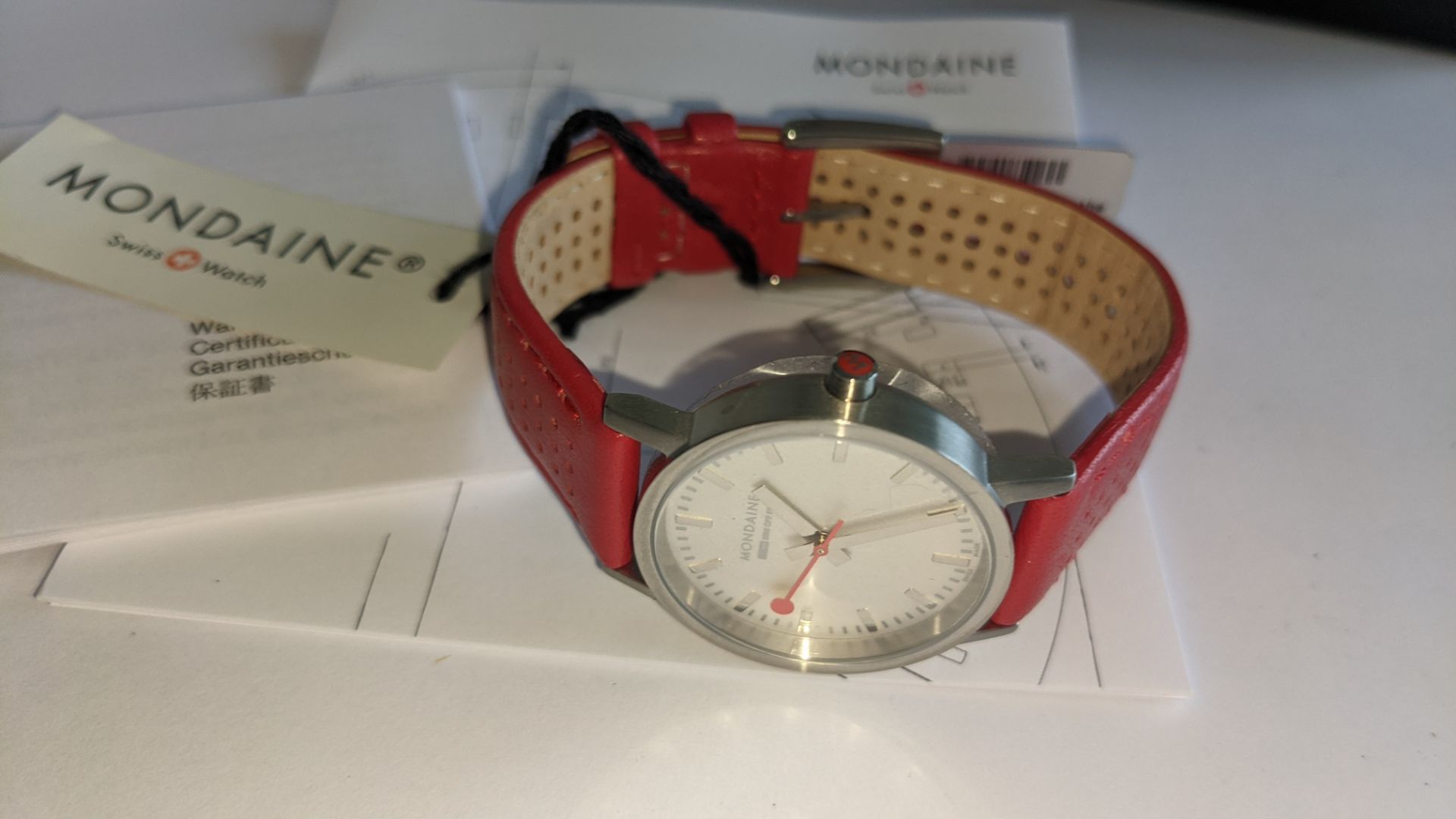 Mondaine watch on red leather strap. Product code A658.30323.16SBC. Water resistant, stainless steel - Image 5 of 15