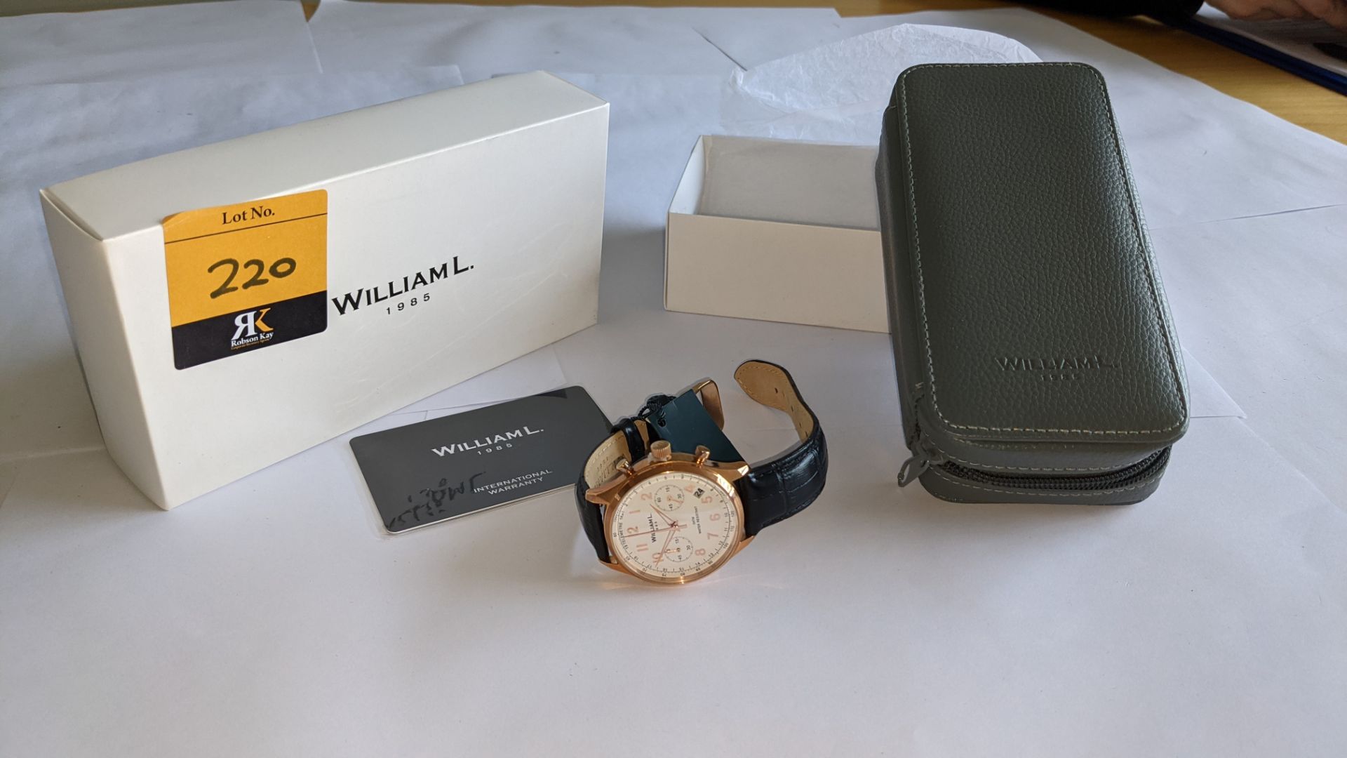 William L 1985 stainless steel watch, 5 ATM water resistant, leather strap, RRP £159. Includes box - Image 18 of 19