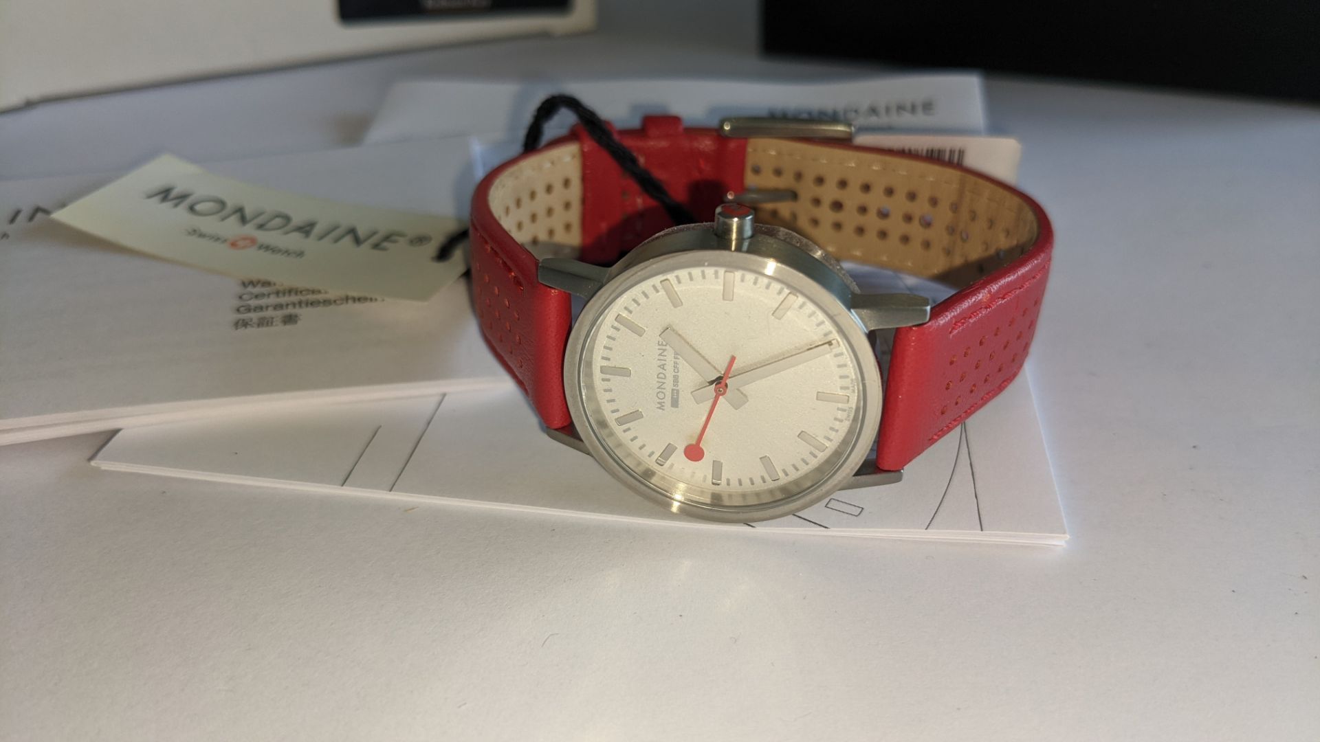 Mondaine watch on red leather strap. Product code A658.30323.16SBC. Water resistant, stainless steel - Image 4 of 15