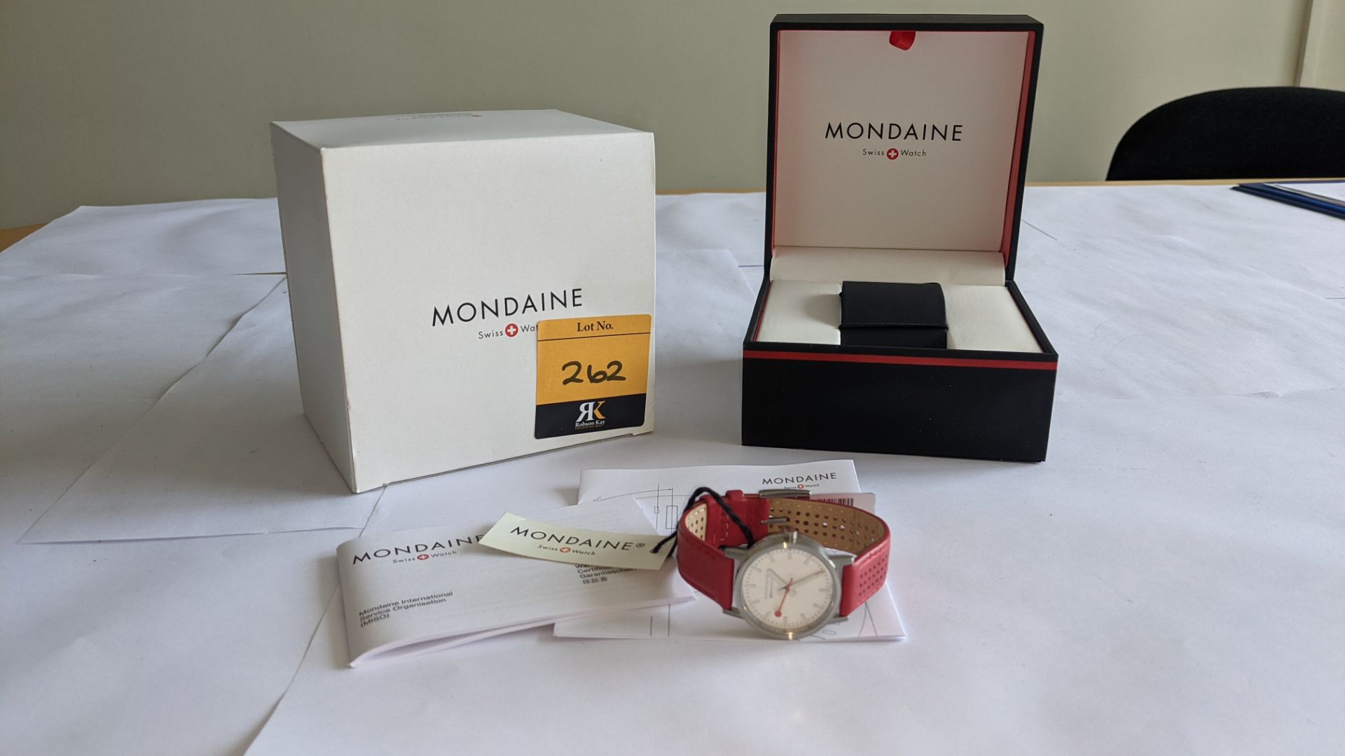 Mondaine watch on red leather strap. Product code A658.30323.16SBC. Water resistant, stainless steel - Image 2 of 15