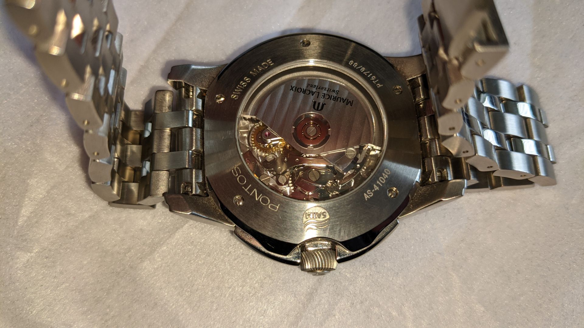 Maurice Lacroix wristwatch in stainless steel on stainless steel bracelet with see through back. Wa - Image 15 of 19