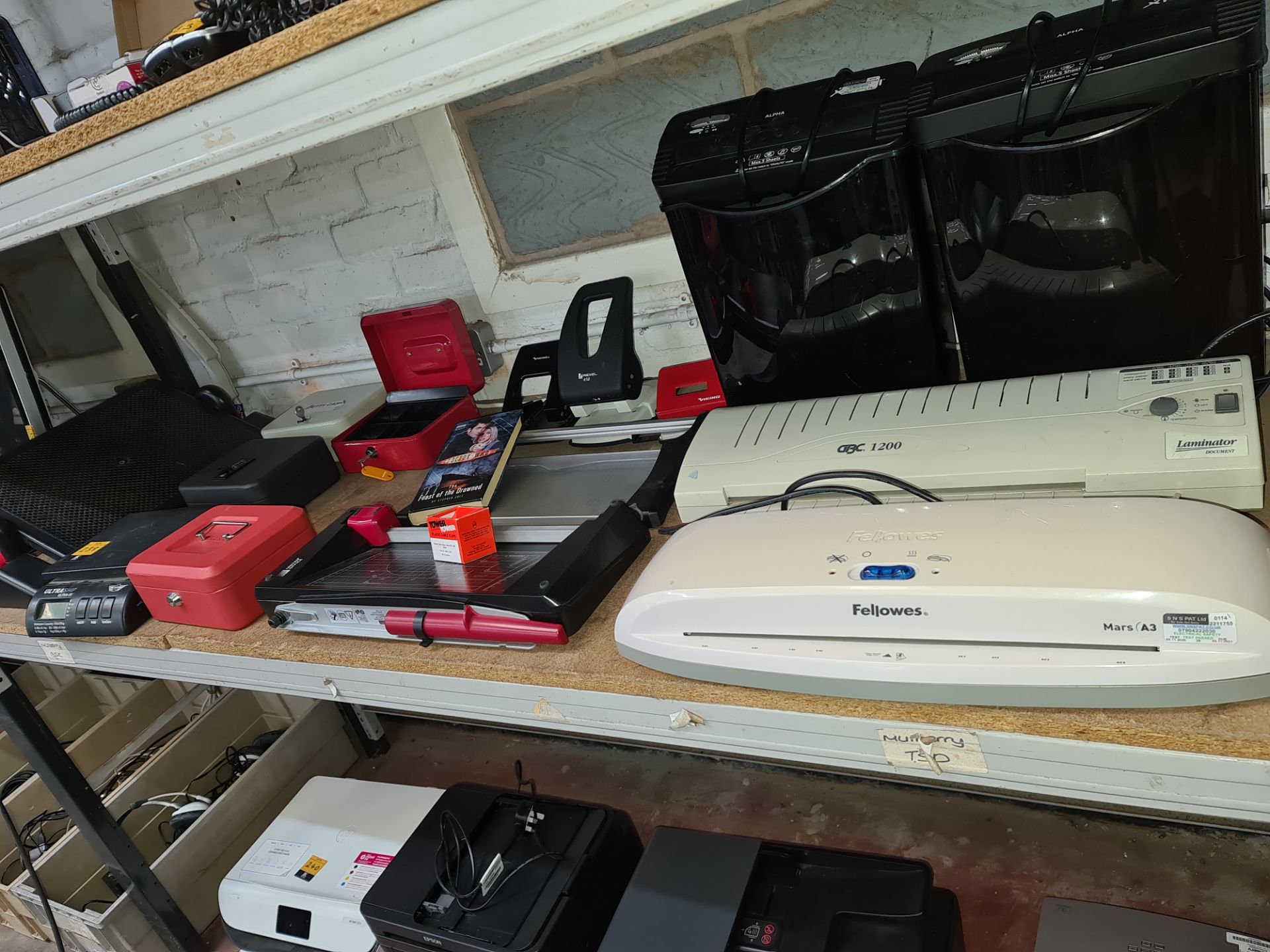 Contents of a bay of office equipment including postal scales, petty cash tins, mini key chest, pape - Image 2 of 9