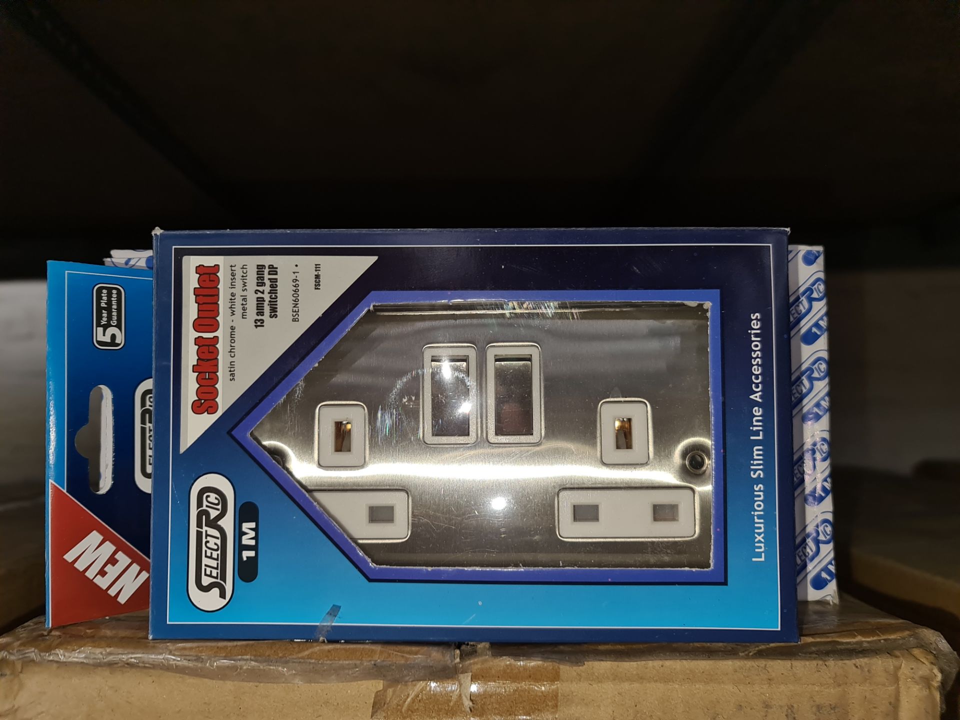 50 off satin chrome 13amp 2-gang switched sockets, white inserts, metal switches - Image 2 of 4