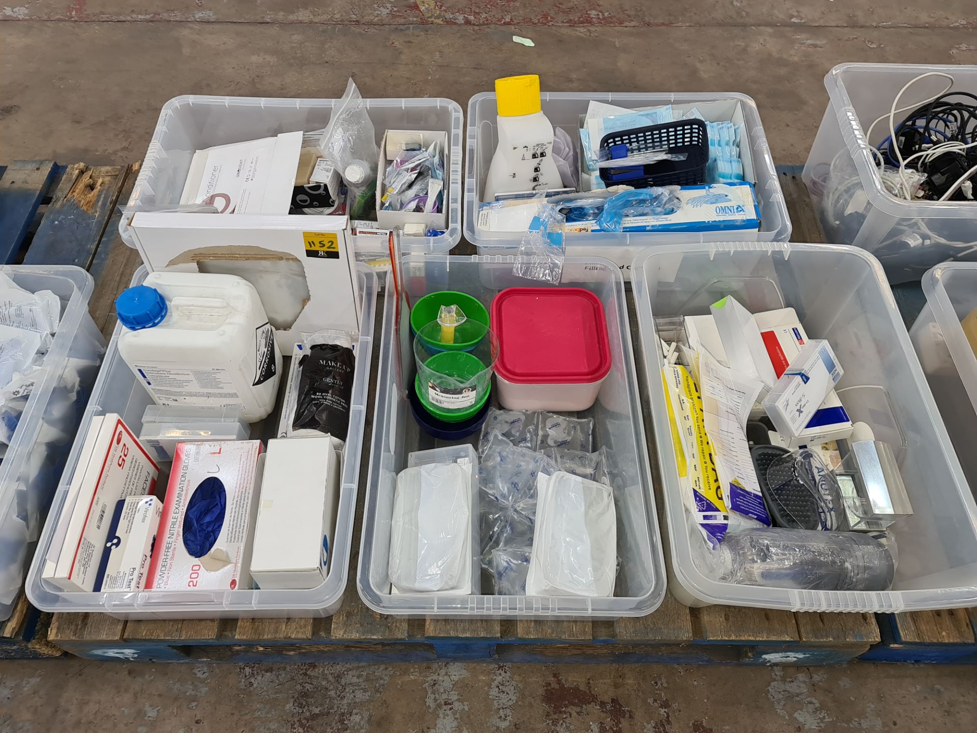 The contents of 5 large crates of assorted items including hygiene dental consumable bags