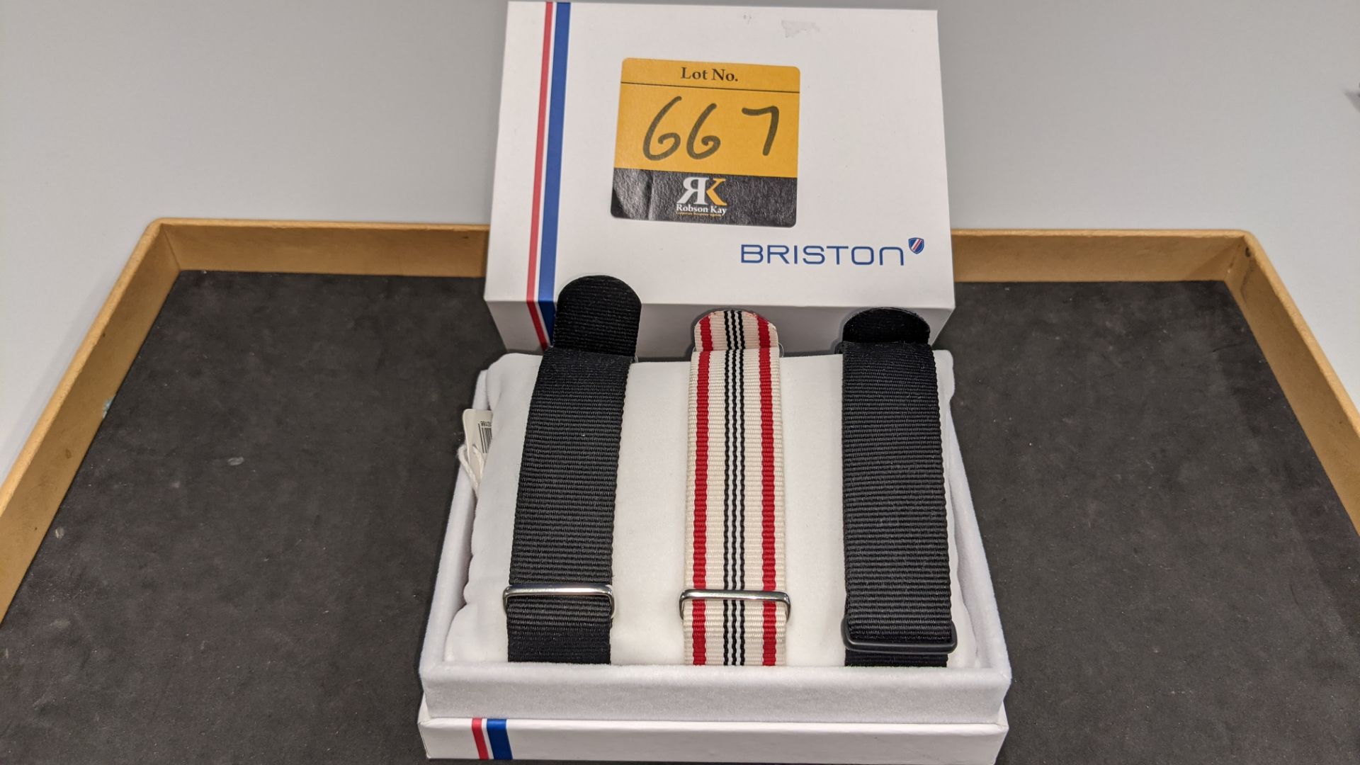 3 assorted Briston OEM replacement "NATO" watchstraps. Retail price appears to be £25 per strap. One