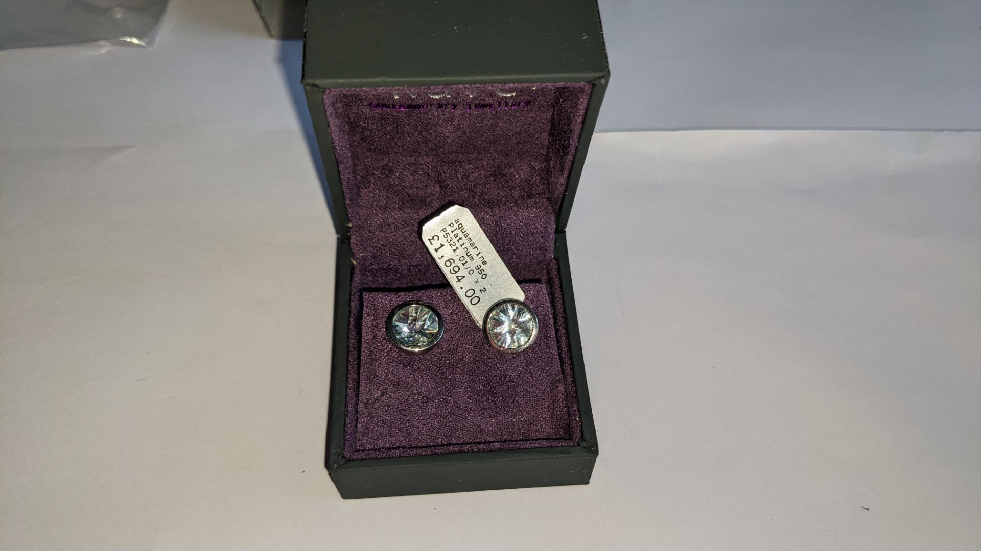 Pair of Platinum 950 & aquamarine earrings with 8mm round stones RRP £1,694