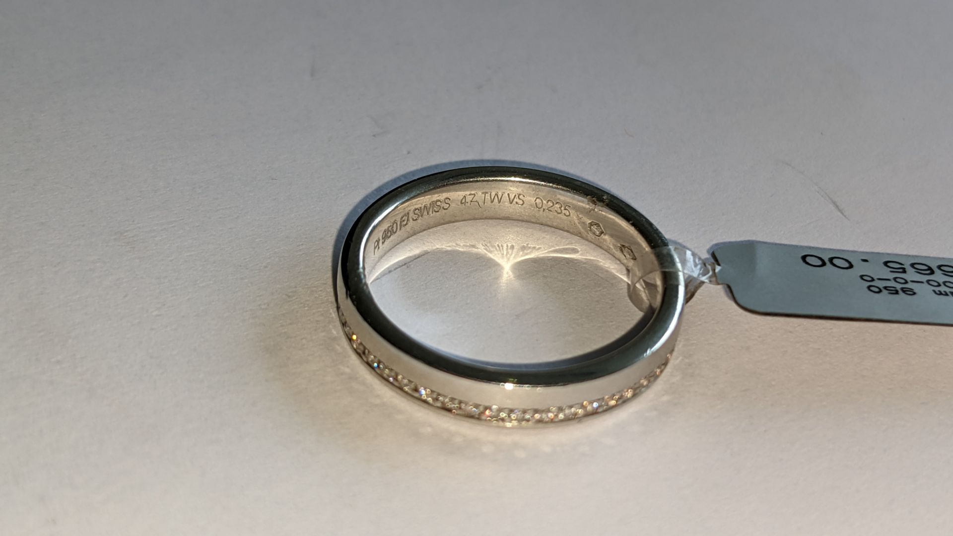 Platinum 950 ring with diamonds weighing total of 0.235ct. Ring 3.5mm wide. Diamonds surround the en - Image 12 of 15