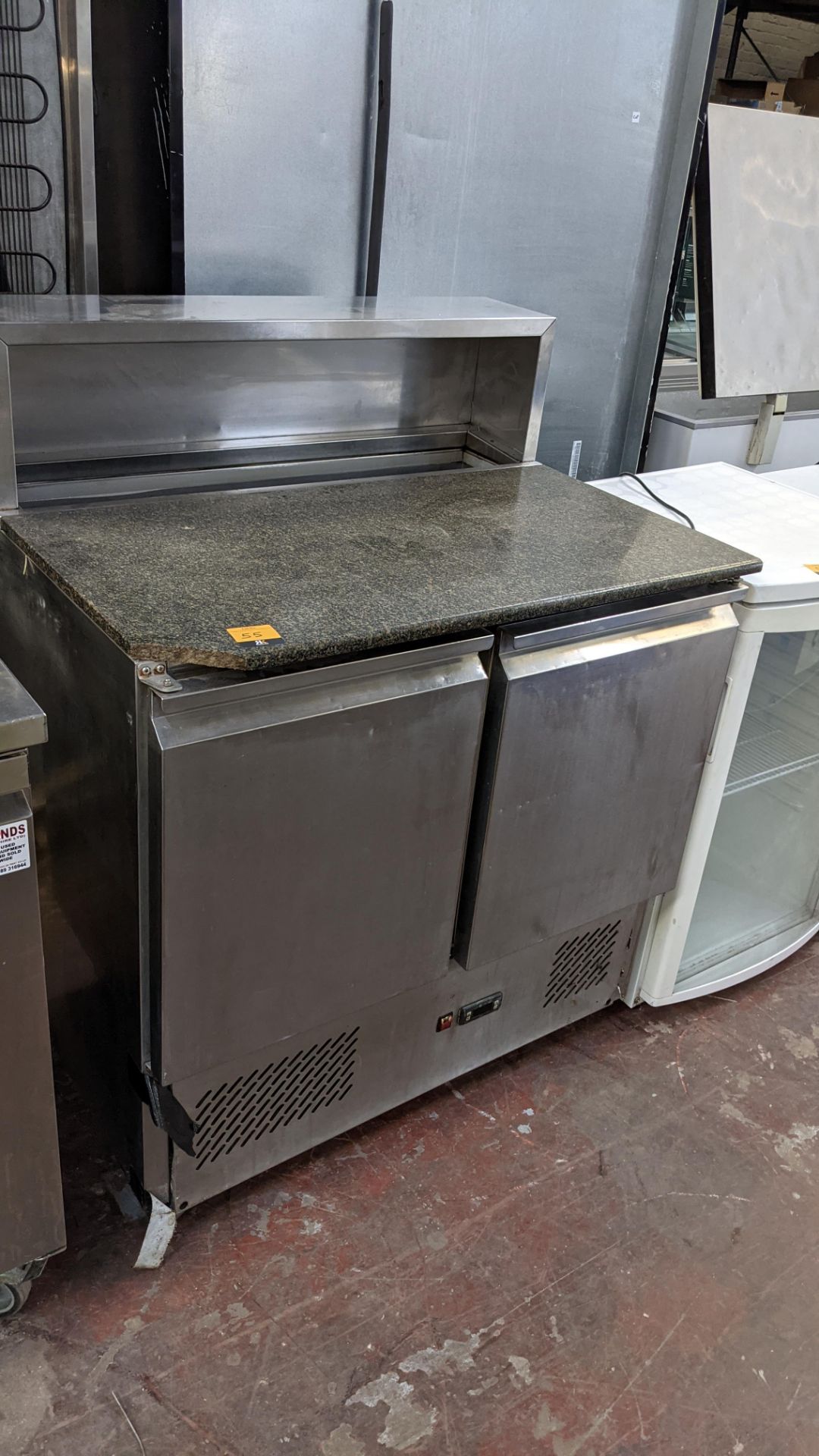 Stainless steel mobile twin door refrigerated prep unit with granite style top & saladette section a