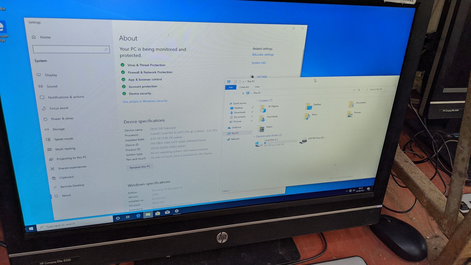 HP Compaq Elite 8300 all-in-one computer with Intel Core i5-3470 3.2GHz processor, 4Gb RAM, 500Gb ha - Image 6 of 10