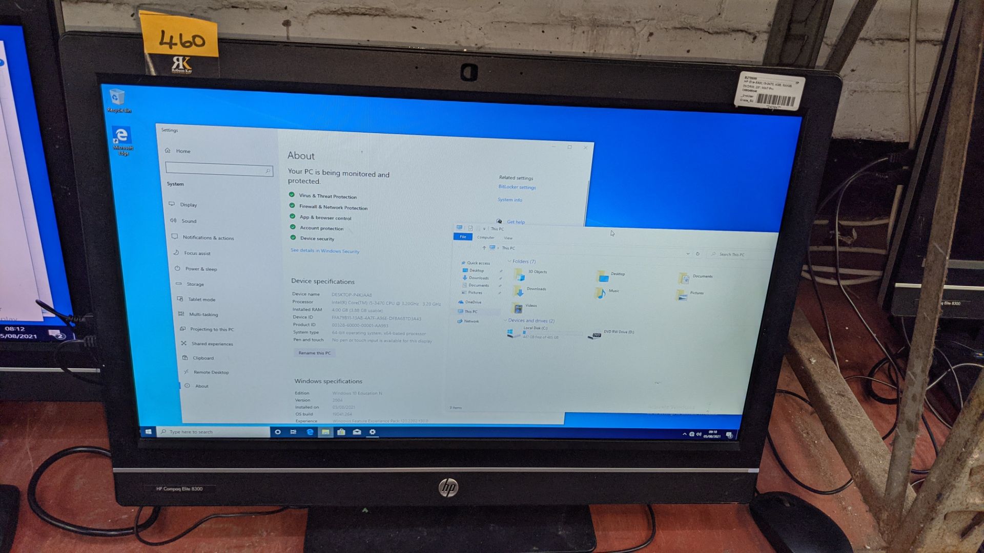 HP Compaq Elite 8300 all-in-one computer with Intel Core i5-3470 3.2GHz processor, 4Gb RAM, 500Gb ha - Image 4 of 10