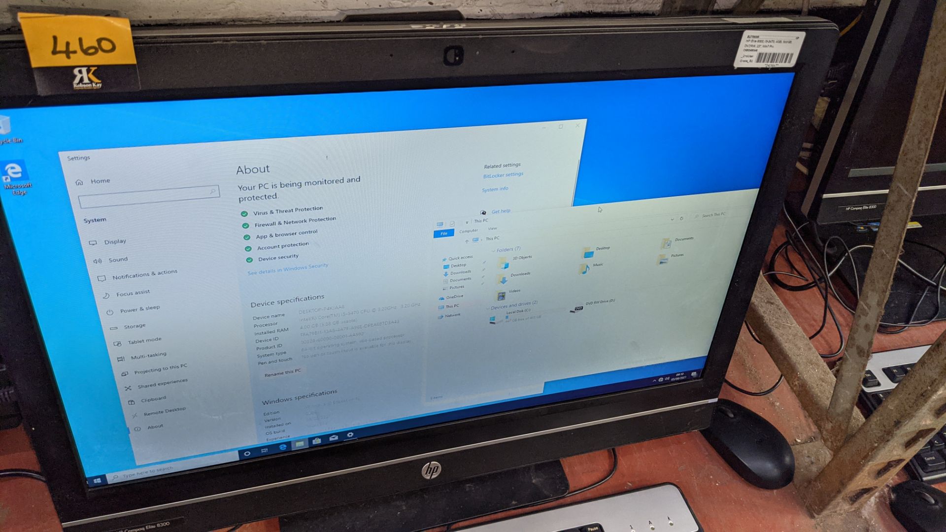 HP Compaq Elite 8300 all-in-one computer with Intel Core i5-3470 3.2GHz processor, 4Gb RAM, 500Gb ha - Image 5 of 10