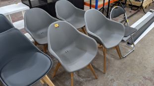 4 off matching modern chairs each comprising wooden frame with grey plastic seat