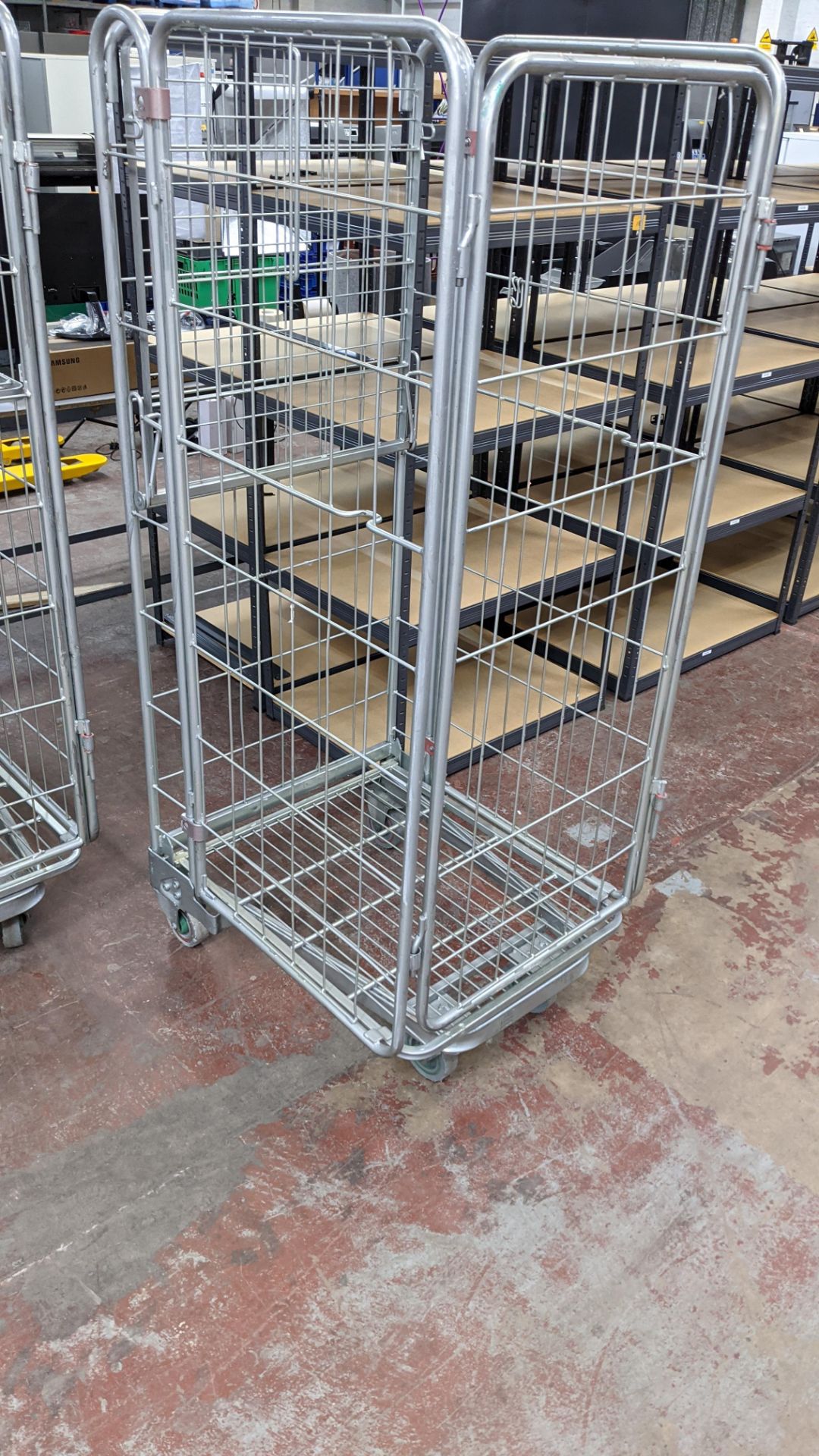 2 off tall folding metal trolleys with fold down shelf at two thirds height - Image 5 of 7