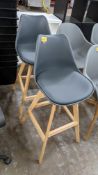 Pair of matching high backed stools each comprising wooden frame with dark grey plastic seat & padde