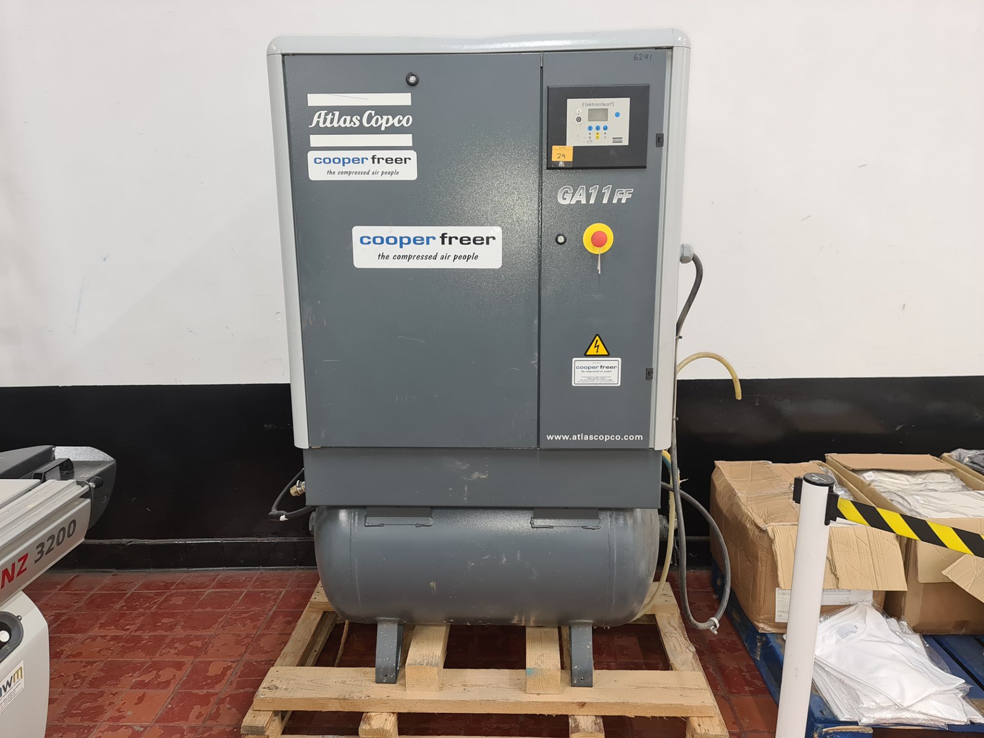 2008 Atlas Copco compressor, model GA11C/GA11FF (the front of the machine has a label stating model