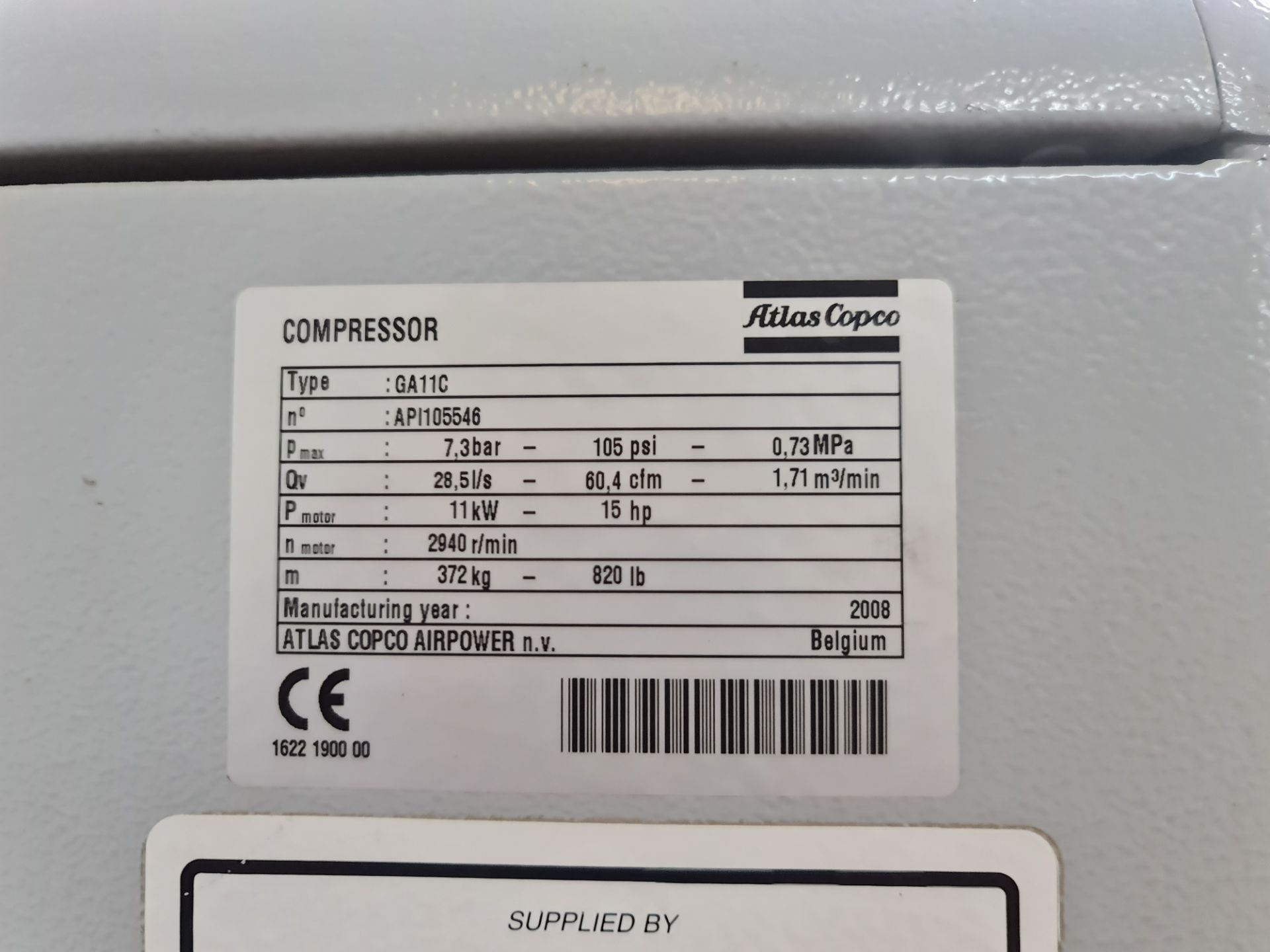 2008 Atlas Copco compressor, model GA11C/GA11FF (the front of the machine has a label stating model - Image 10 of 10