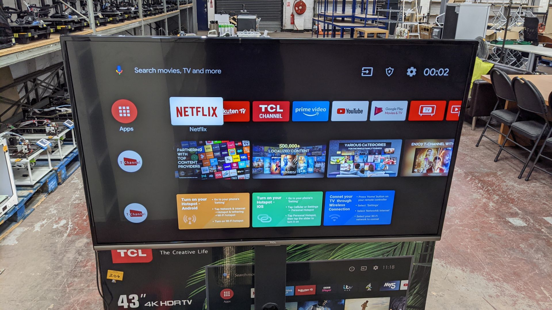 TCL 43" 4K HDR TV with android, including floor stand with 2 black glass shelves & remote control - Image 4 of 11
