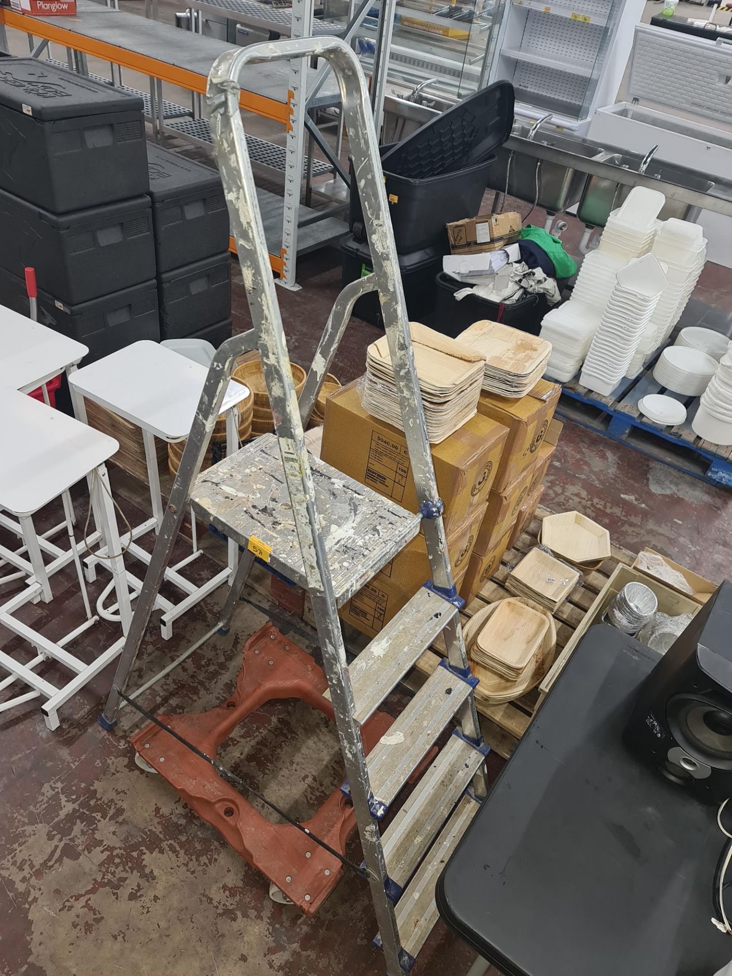 Handling equipment comprising folding stepladder plus heavy-duty plastic moving dolly