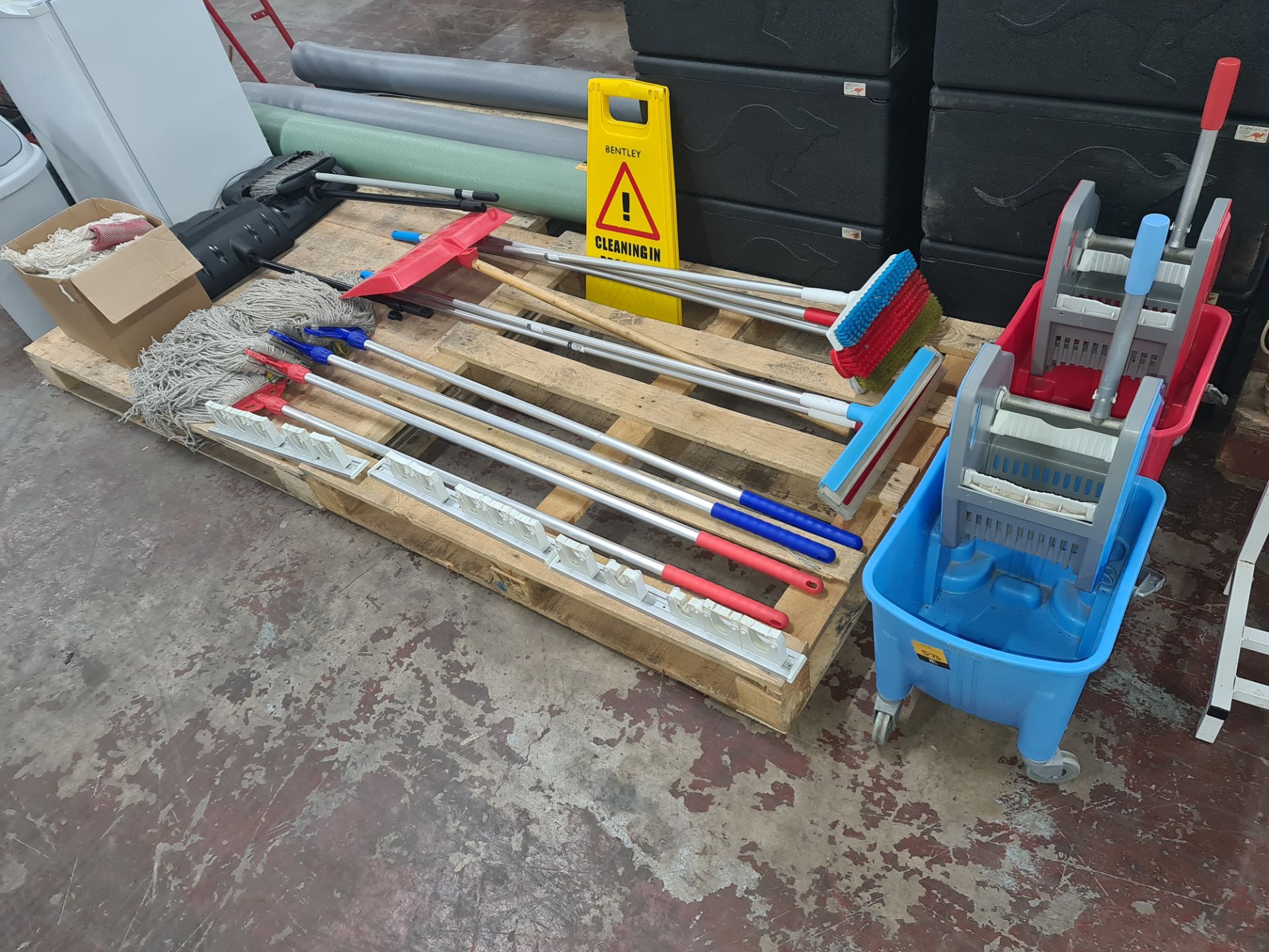 Cleaning equipment comprising 2 off professional mop buckets with detachable squeegee attachments, 4