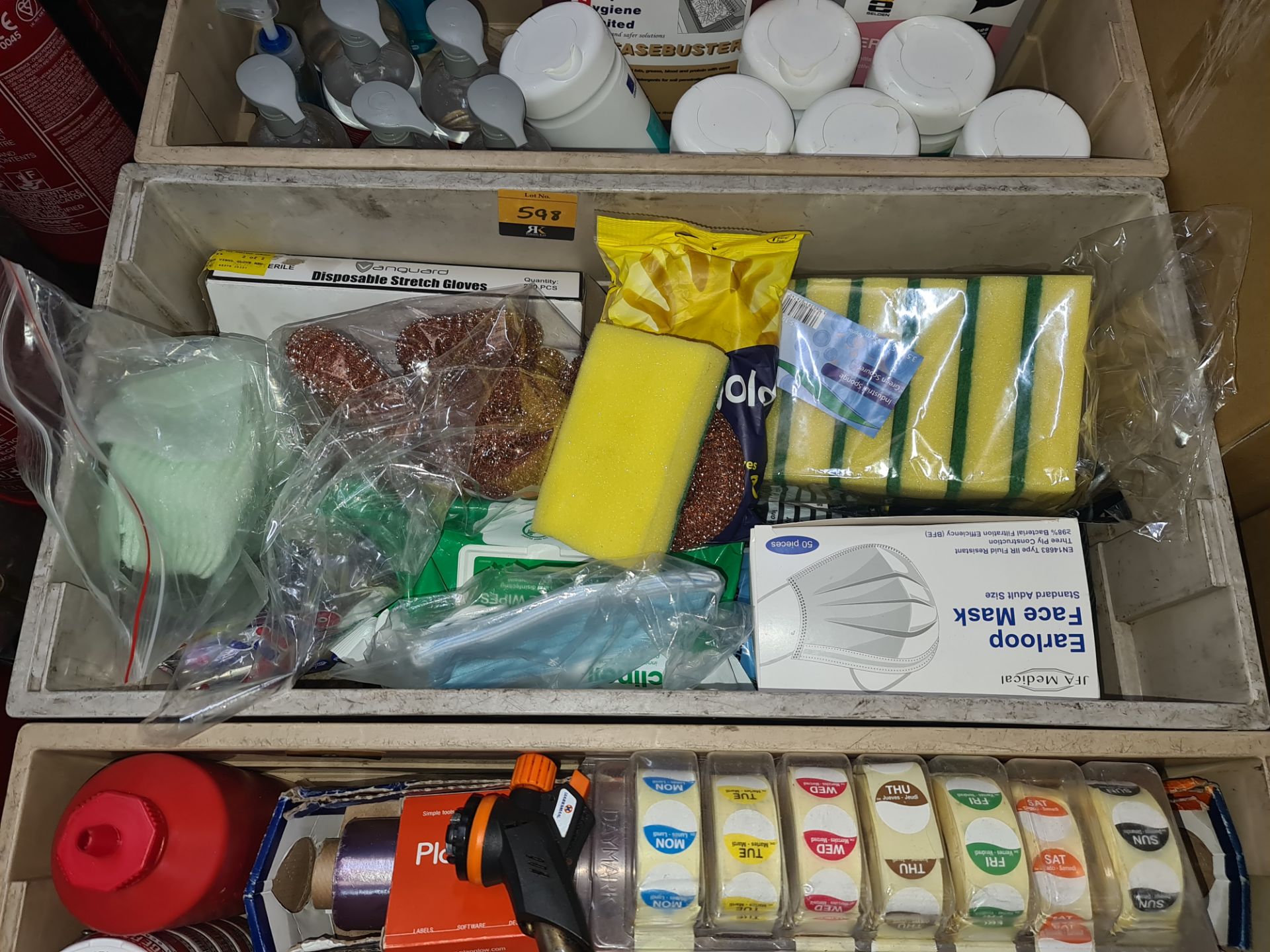 Contents of a crate of cleaning & hygiene related items - crate excluded