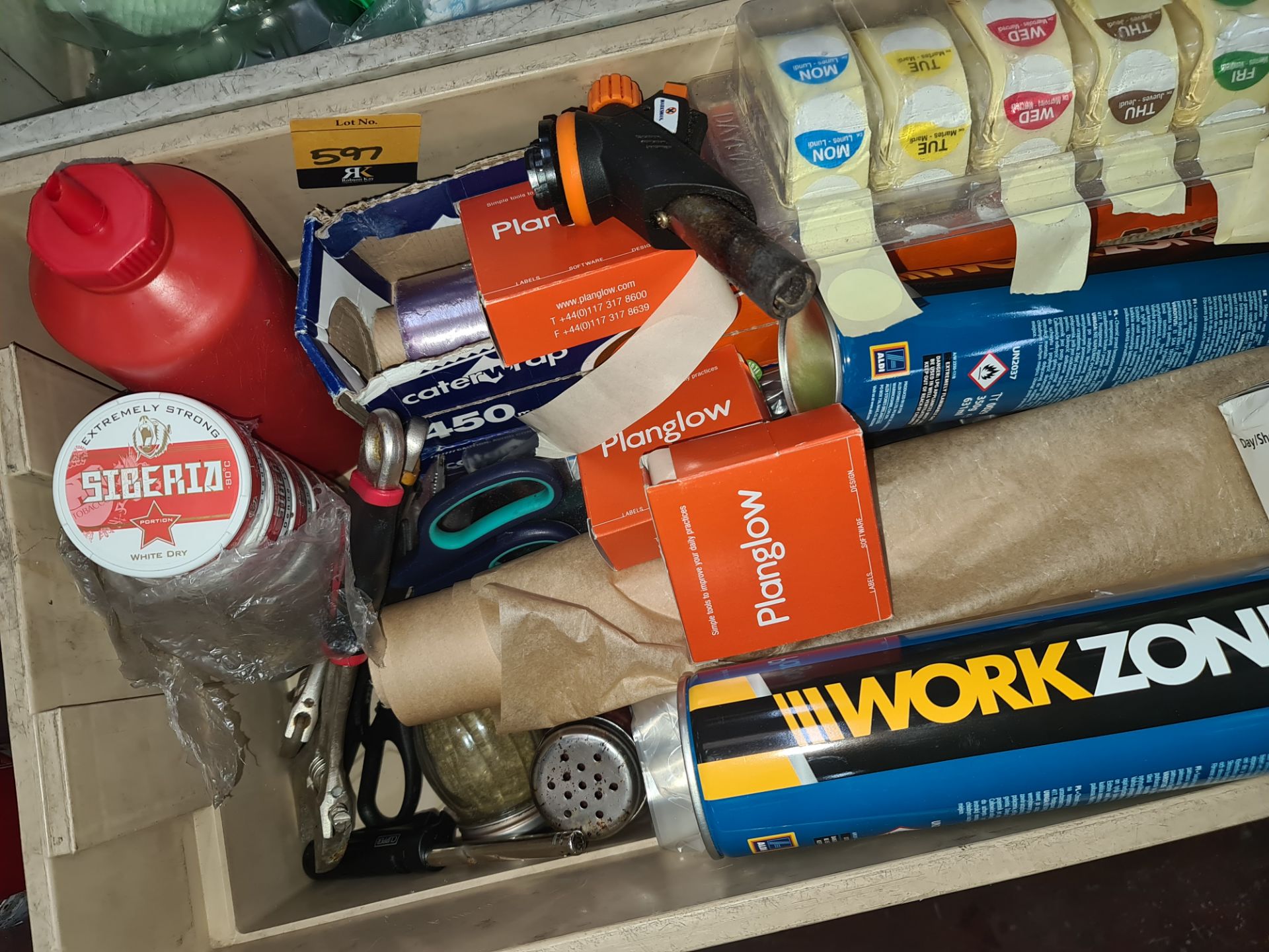 Contents of a crate including Day stickers, catering wrap, blowtorch & canisters for use with same, - Image 3 of 4