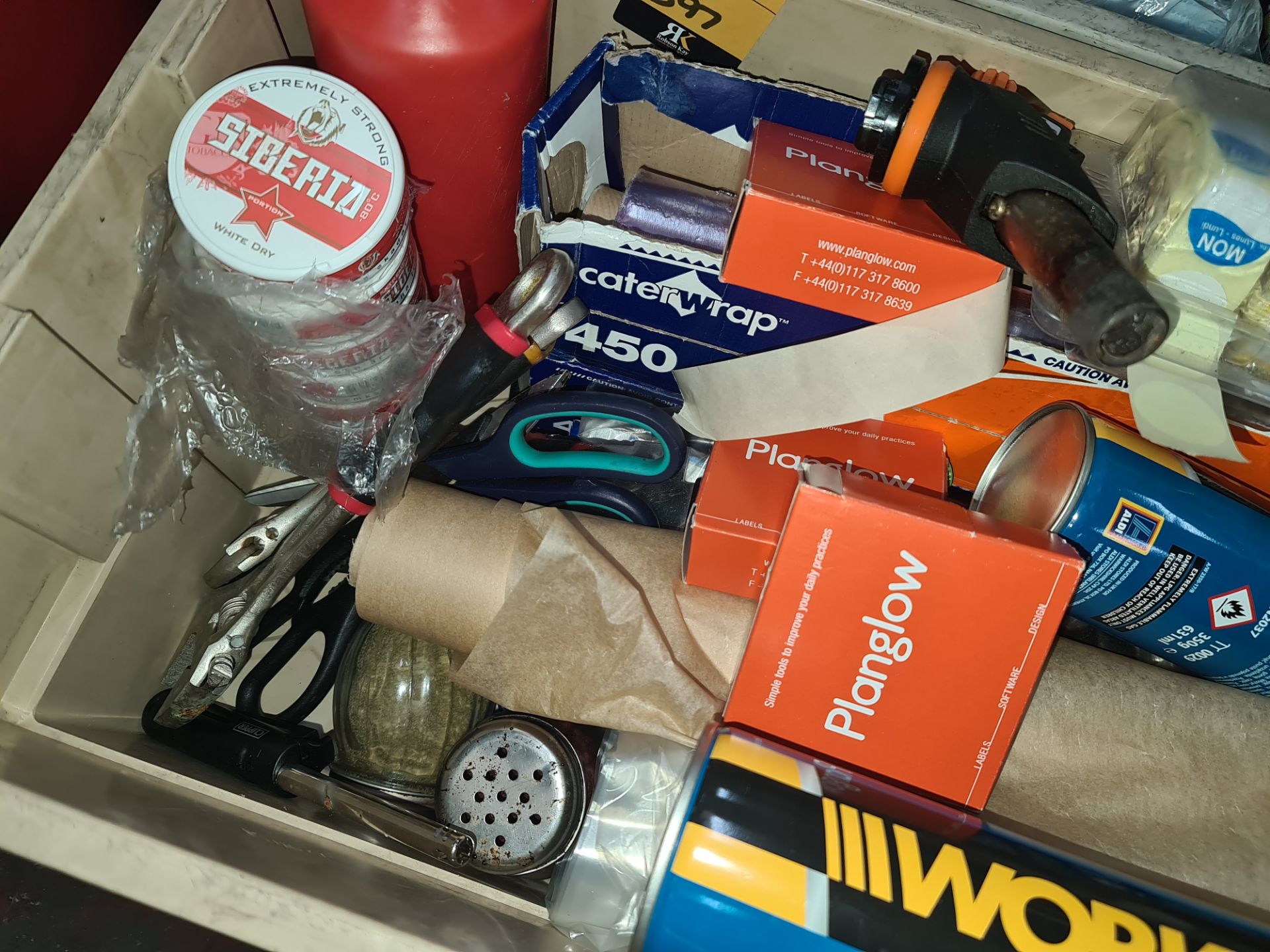 Contents of a crate including Day stickers, catering wrap, blowtorch & canisters for use with same, - Image 2 of 4