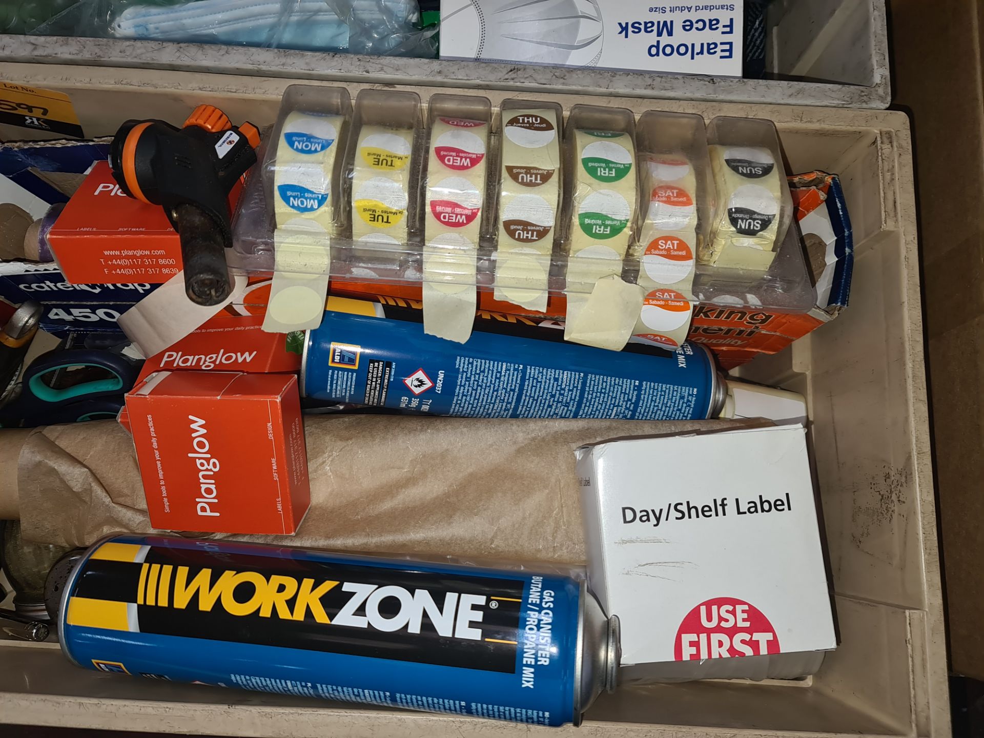 Contents of a crate including Day stickers, catering wrap, blowtorch & canisters for use with same, - Image 4 of 4