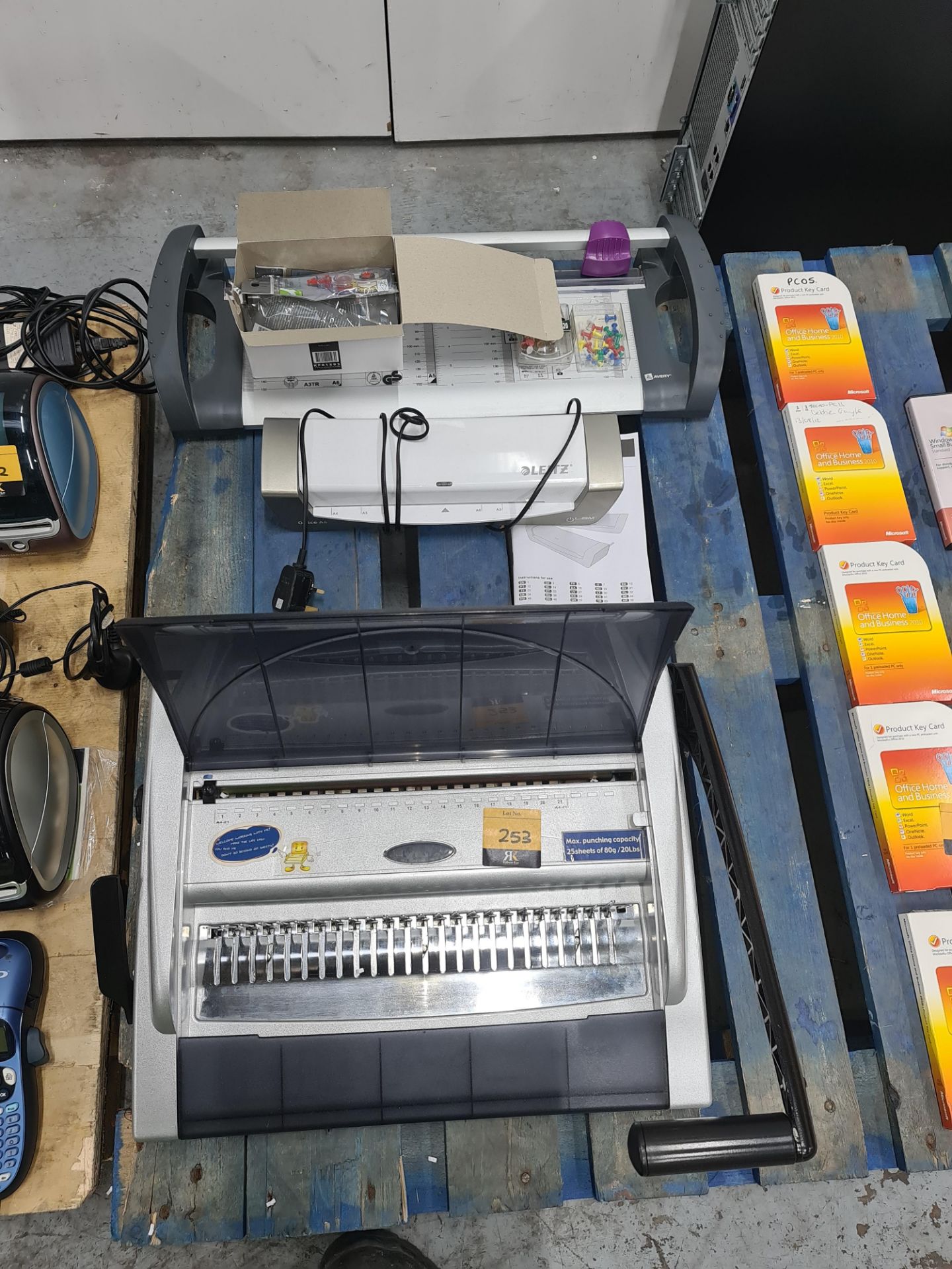 Mixed office lot comprising heavy-duty binder plus compact laminator & paper guillotine