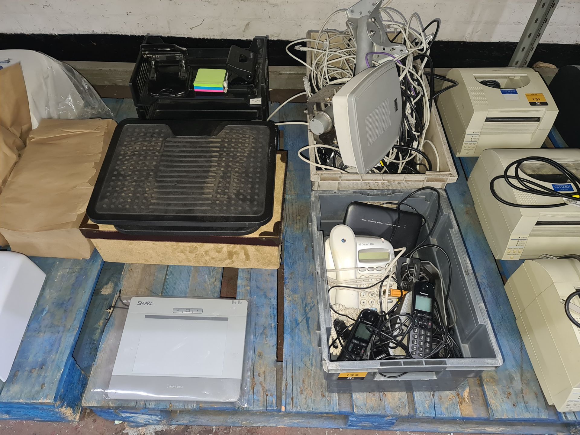 Quantity of miscellaneous office & tech items comprising the contents of a crate of telephonic items