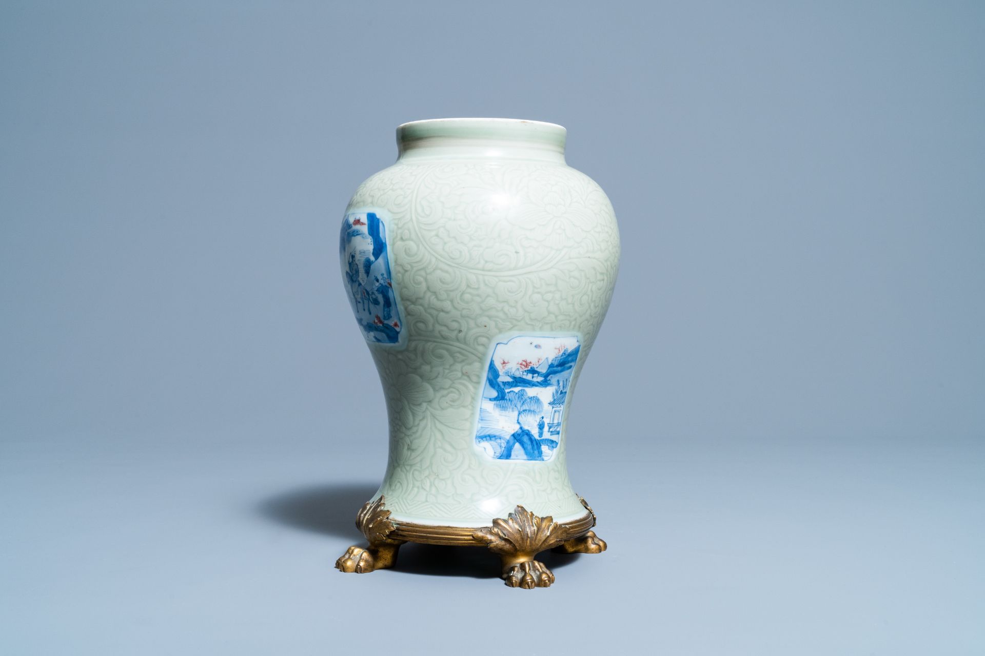 A Chinese incised celadon-glazed vase with blue, white and copper red panels, Kangxi - Image 4 of 14