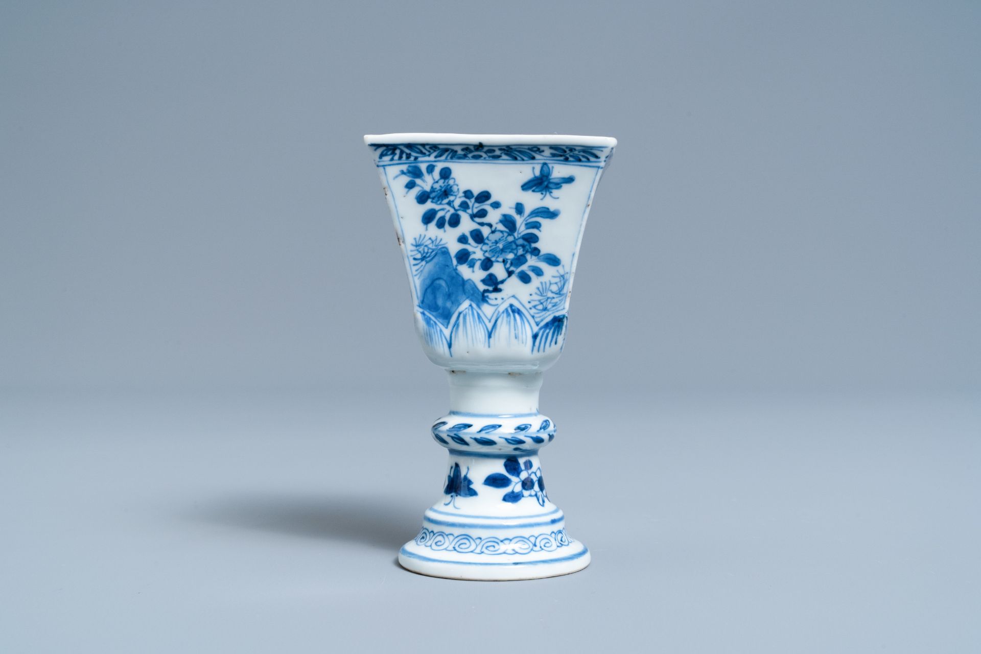 A rare Chinese blue and white tapered square quadrangular stem cup, Kangxi - Image 4 of 7