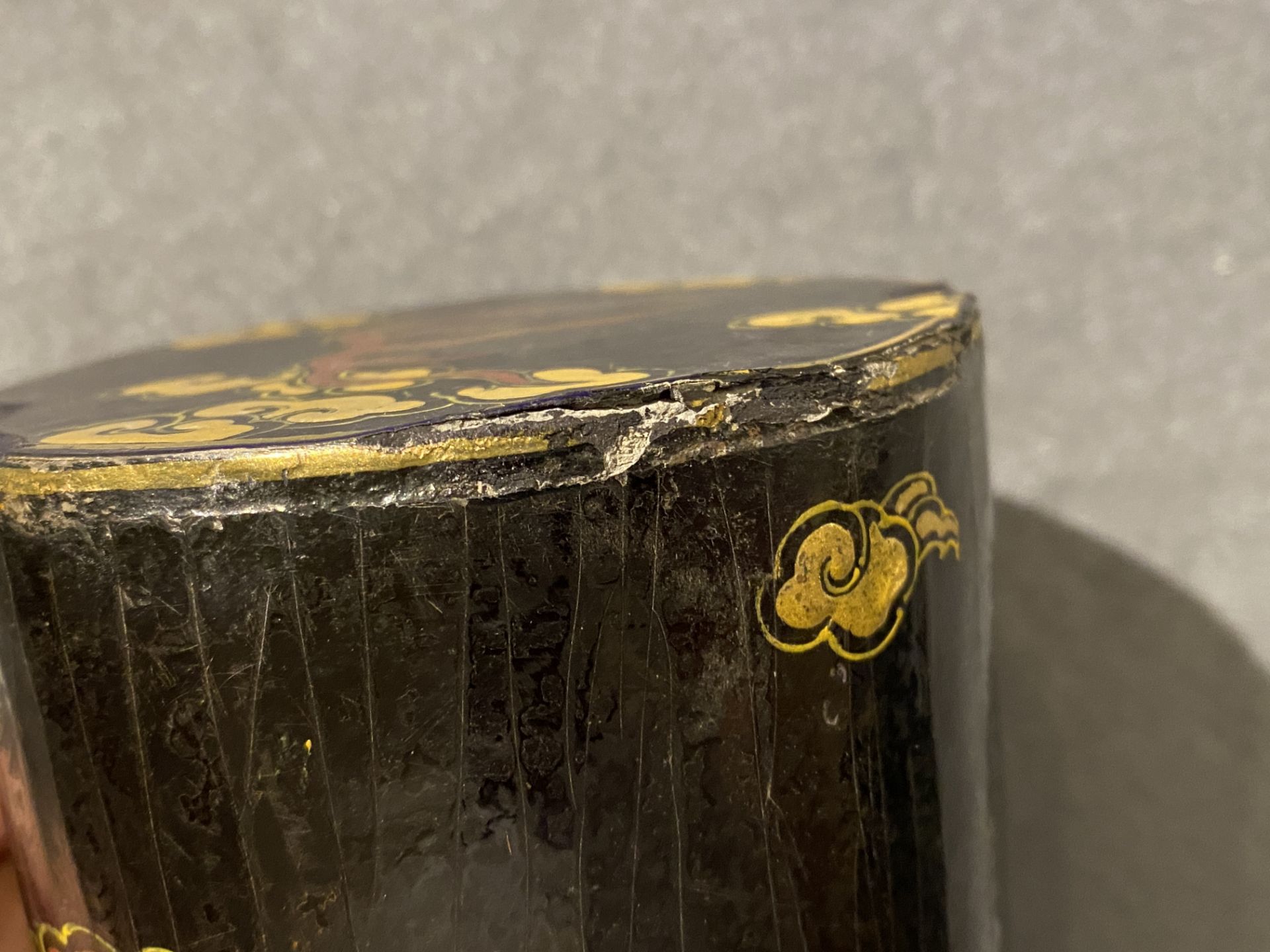 An imperial Chinese cylindrical painted and lacquered wood edict container, 17/18th C. - Image 11 of 34