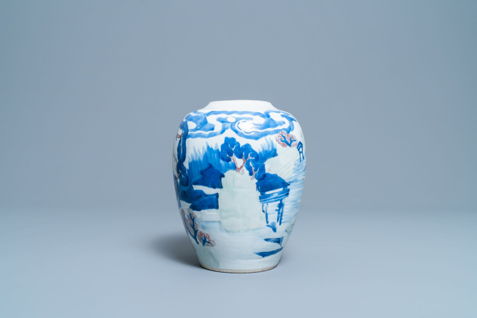 A Chinese blue, white, celadon and copper red vase with a landscape, Kangxi - Image 3 of 7