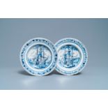 A pair of Dutch Delft blue and white plates with threemasters, 18th C.