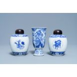 A pair of Chinese blue and white tea caddies and a goblet, Kangxi