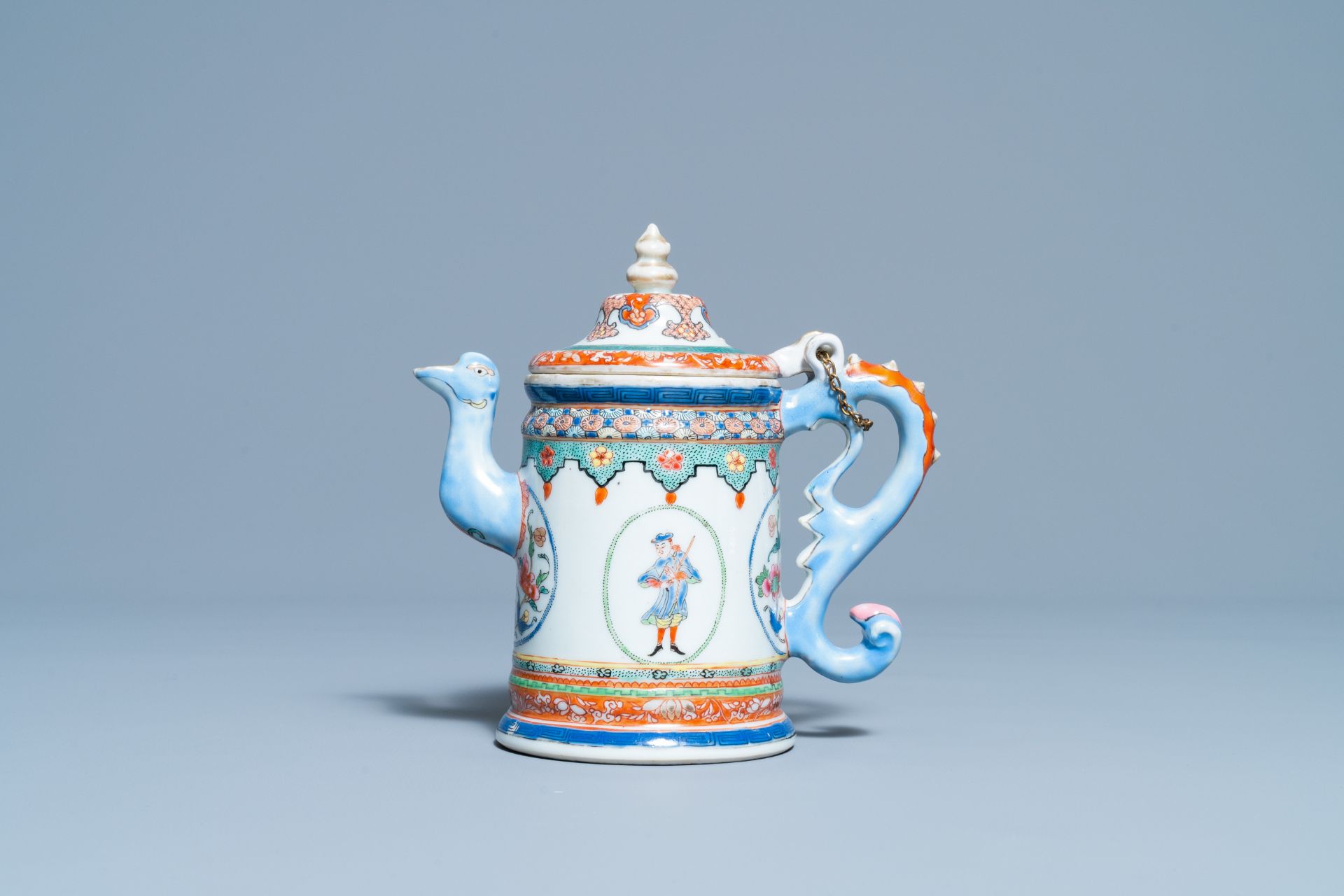 A rare Chinese famille rose 'Europeans' teapot and cover, Qianlong - Image 3 of 9