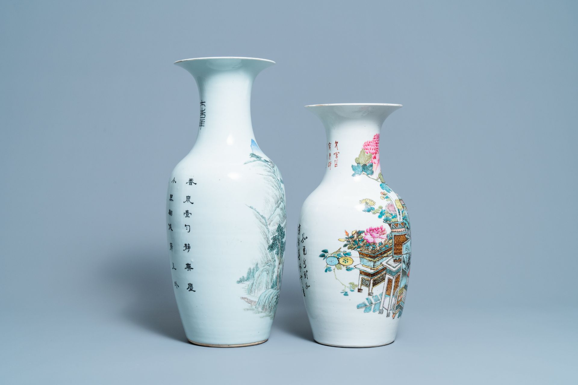 A Chinese qianjiang cai landscape vase and one with antiquities, 19/20th C. - Image 4 of 6