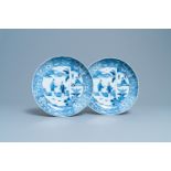 A pair of Chinese blue and white 'Romance of the Western Chamber' dishes, Qianlong