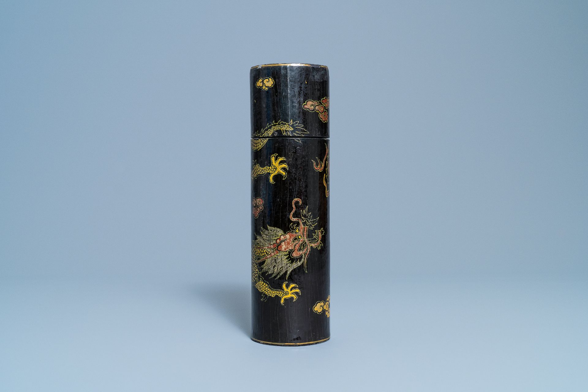An imperial Chinese cylindrical painted and lacquered wood edict container, 17/18th C. - Image 2 of 34