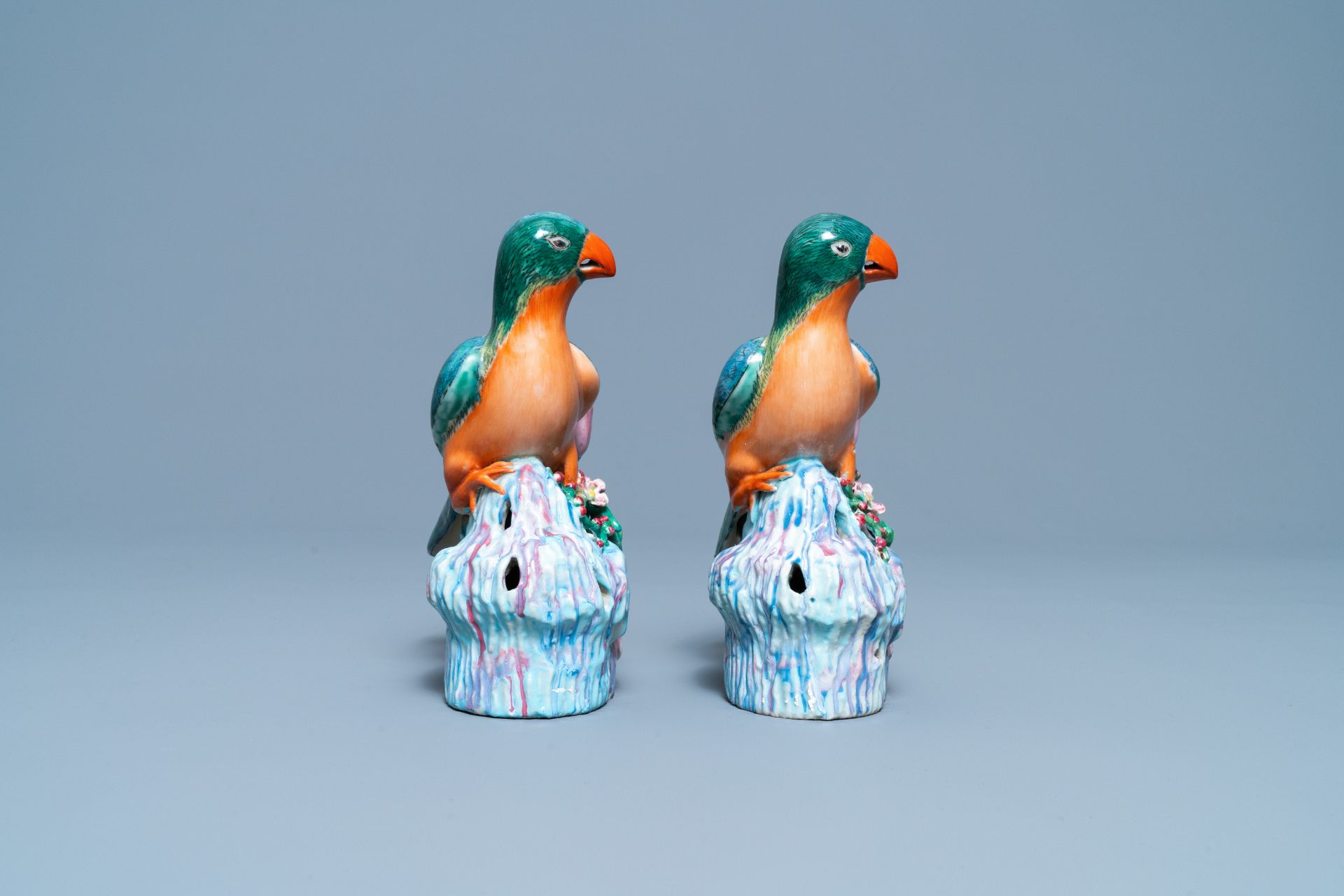 A pair of Chinese famille rose bird-shaped candlesticks, Qianlong - Image 3 of 7
