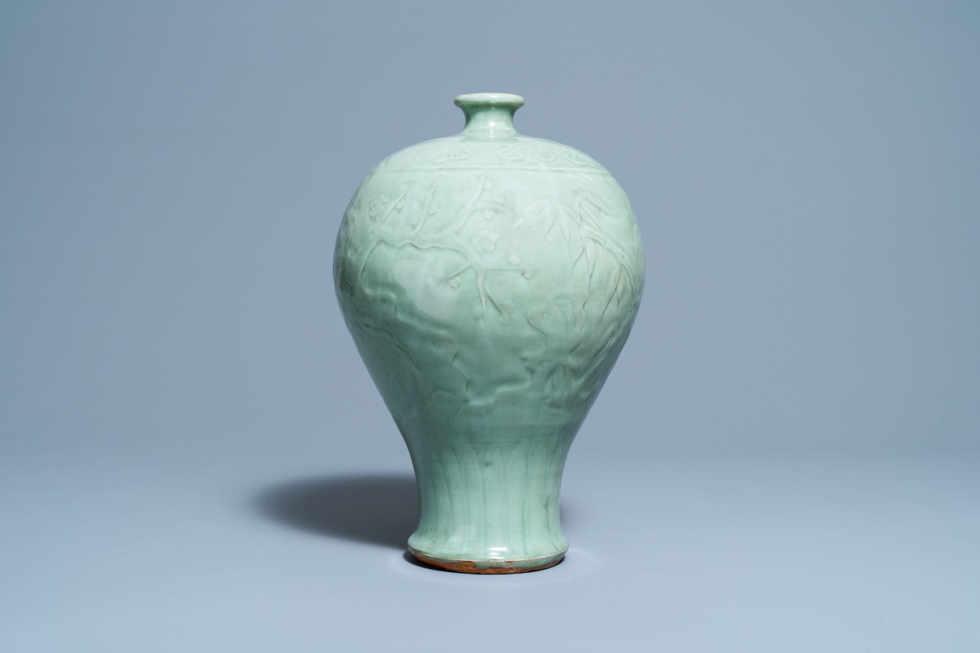 A Chinese Longquan celadon 'Three friends of winter' vase, 'meiping', Ming