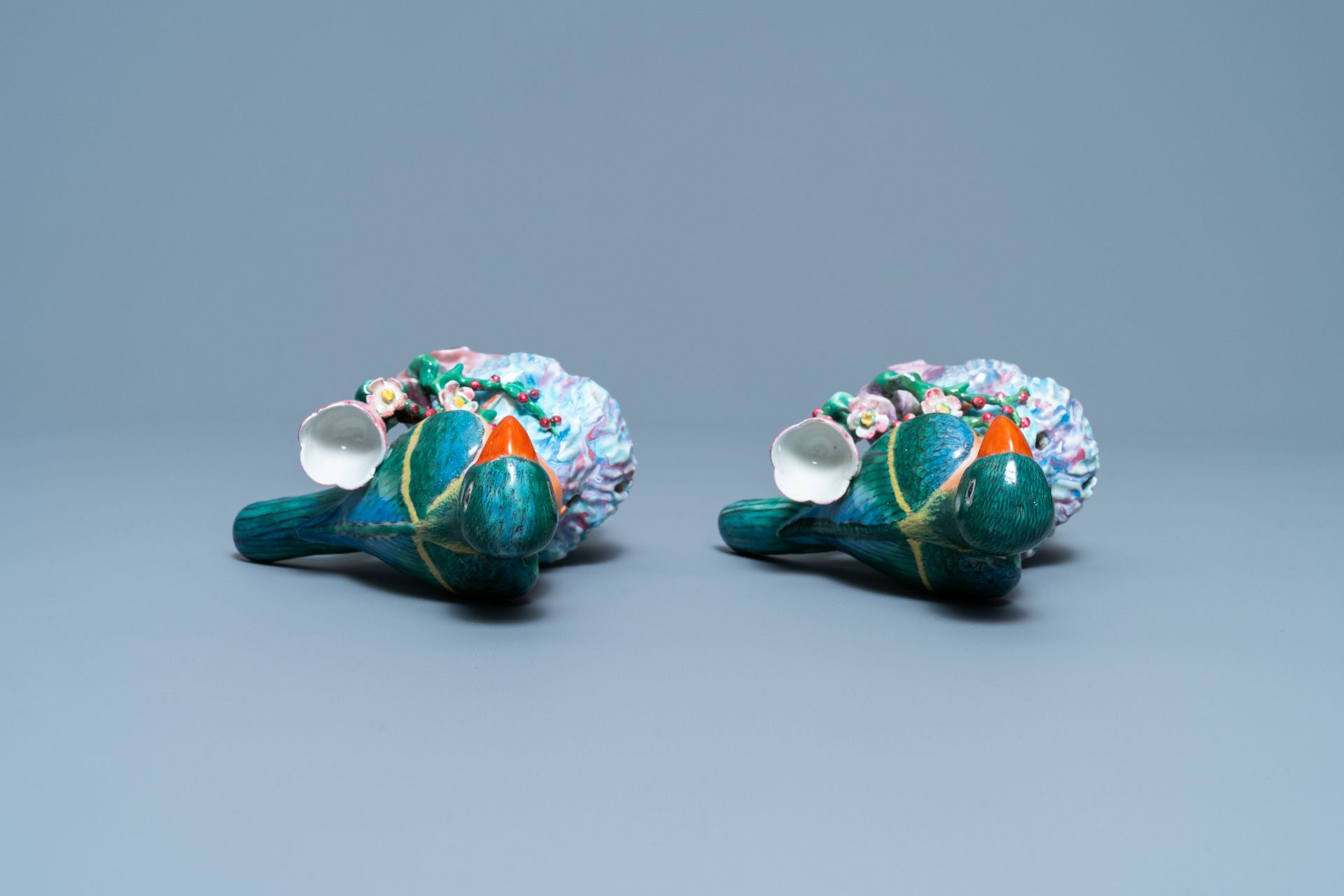 A pair of Chinese famille rose bird-shaped candlesticks, Qianlong - Image 7 of 7