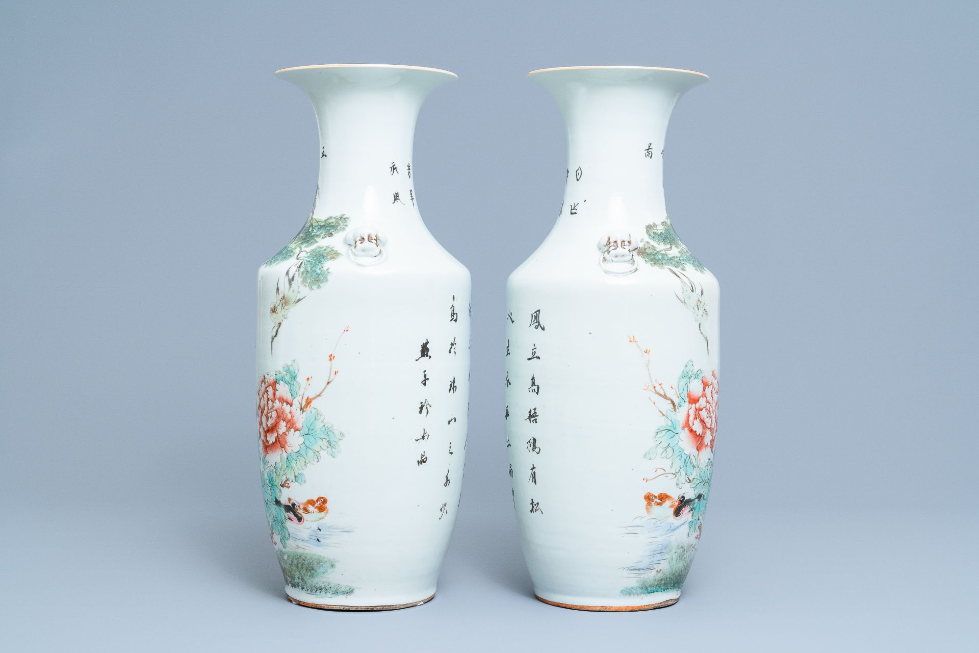 Two pairs of Chinese qianjiang cai vases with birds, 19/20th C. - Image 9 of 13