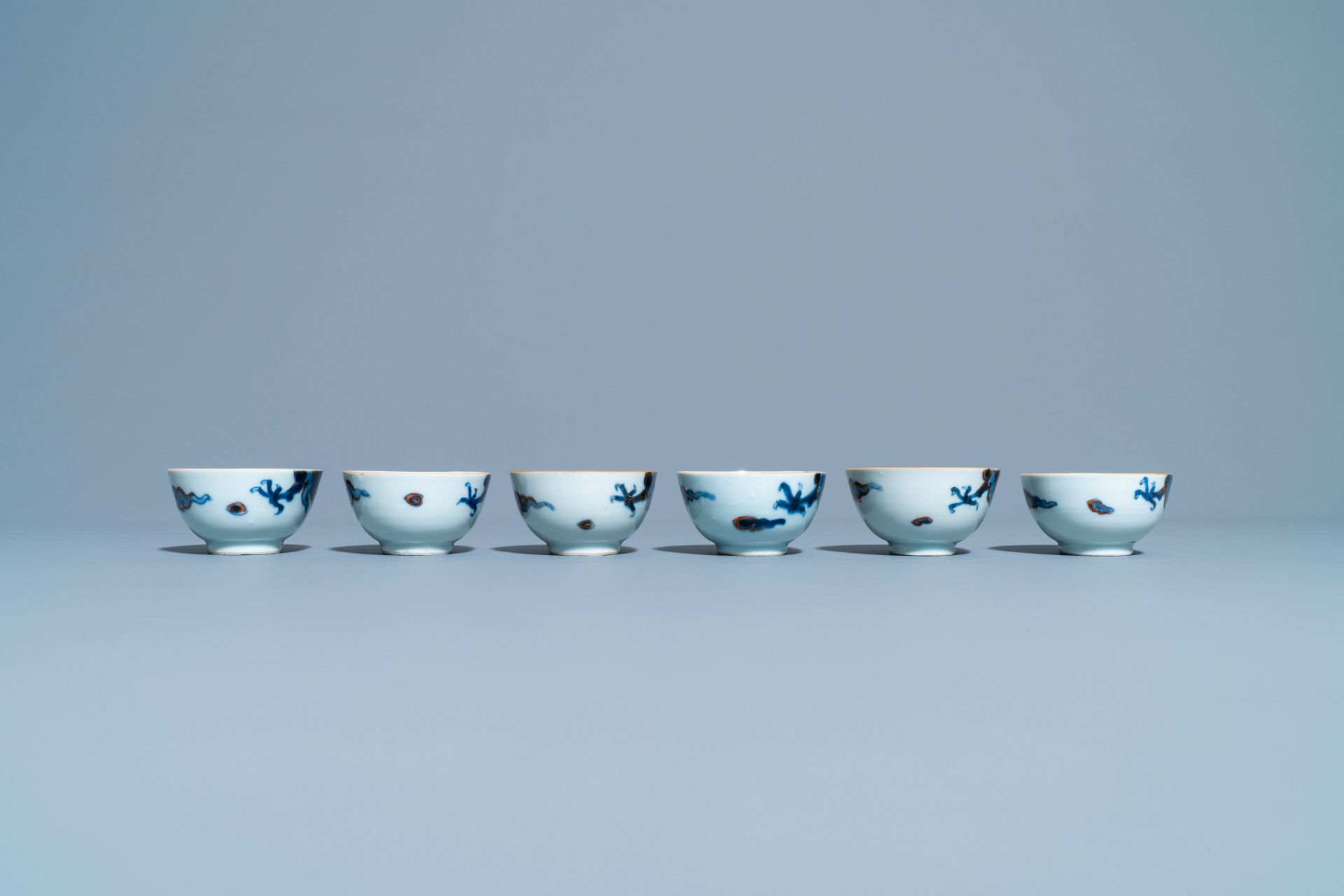 Six Chinese doucai 'dragon' cups and saucers, Kangxi - Image 9 of 11