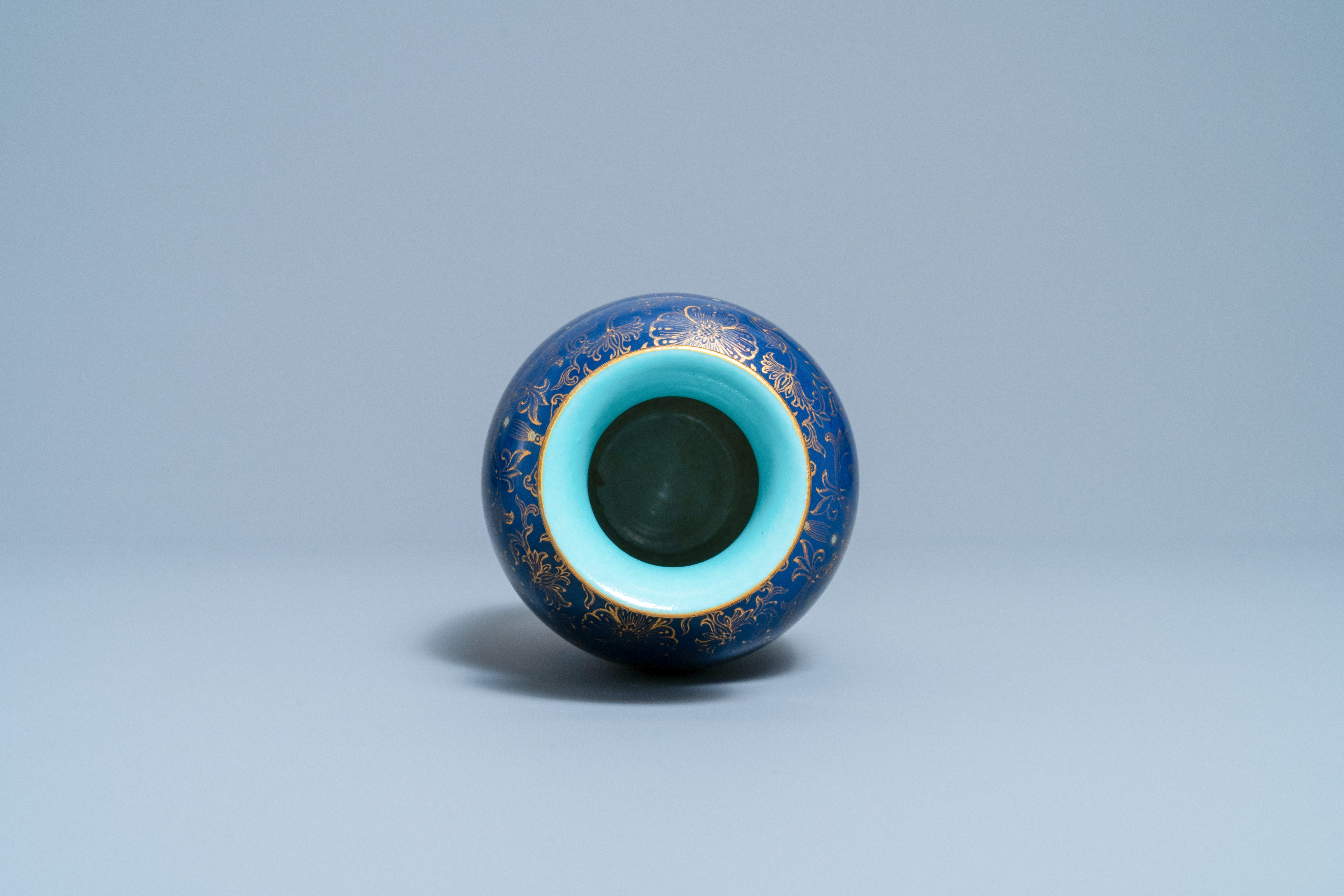 A Chinese gilt-decorated monochrome blue vase, Qianlong mark, Republic - Image 5 of 6